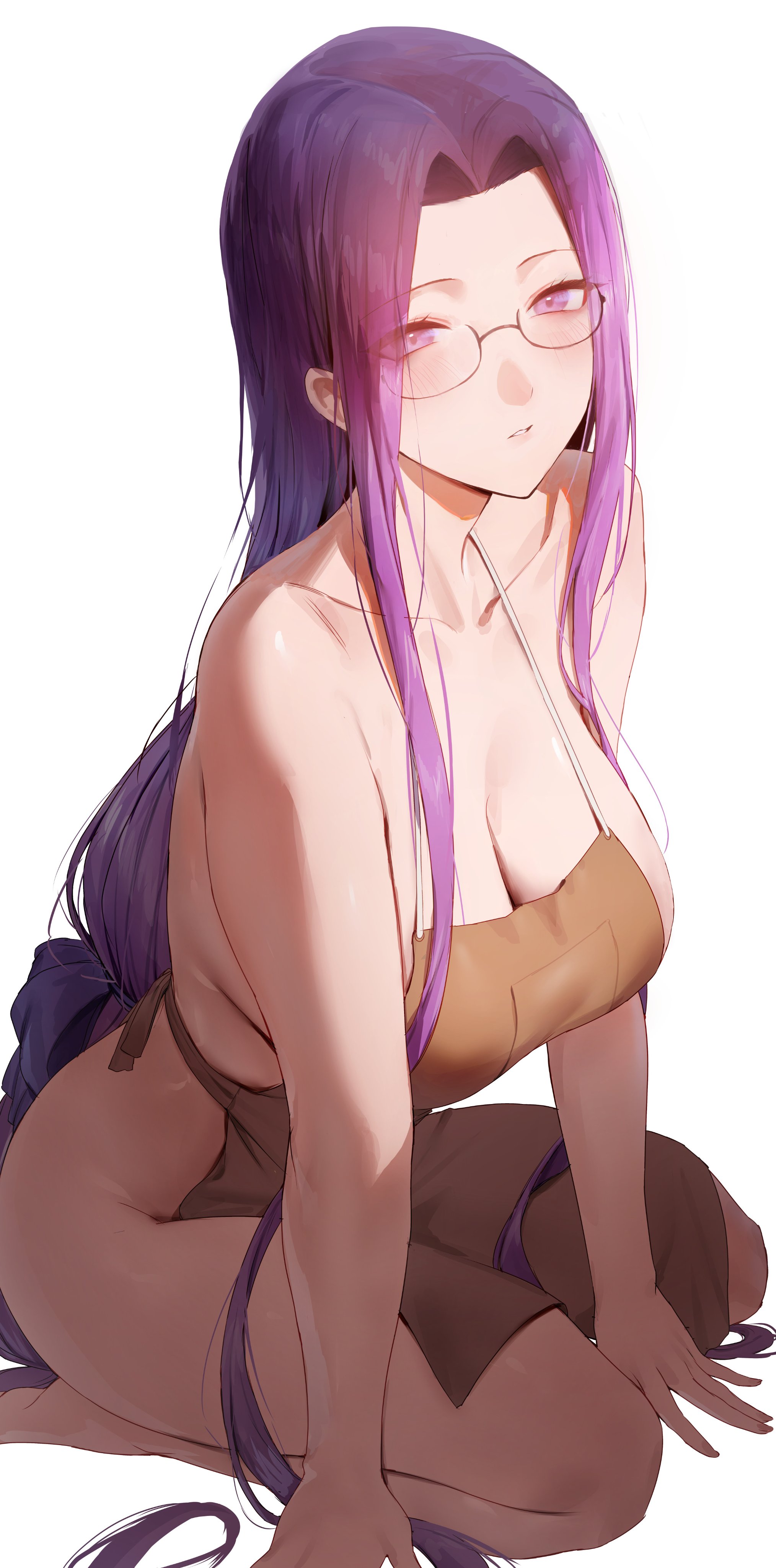 1girls, apron, blush, breasts, cleavage, fate (series), fate/grand order, fate/stay night, female, female only, glasses, kneeling, large breasts, long hair, medusa (fate), naked apron, purple hair, rororo, solo, tagme
