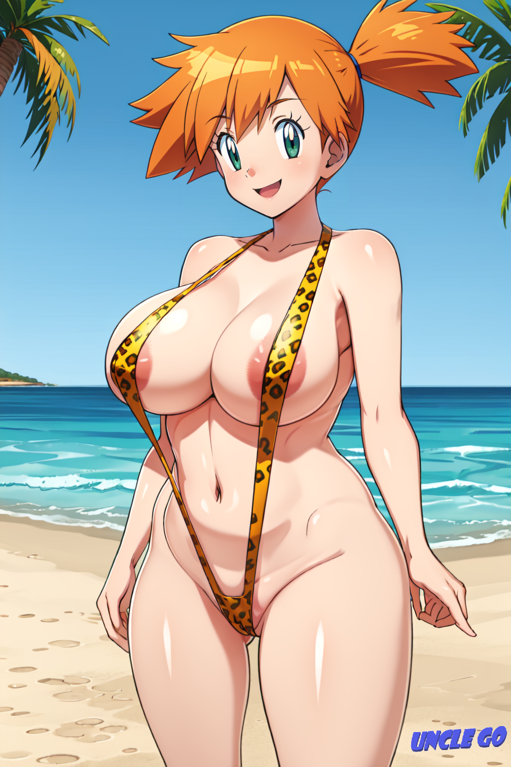 1girls ai_generated athletic_female aureola beach big_breasts cleavage green_eyes hourglass_figure kasumi_(pokemon) leopard_print leopard_print_bikini looking_at_viewer misty_(pokemon) pokemon ponytail posing red_hair self_upload side_ponytail sling_bikini slingshot_swimsuit stable_diffusion teenager unclego