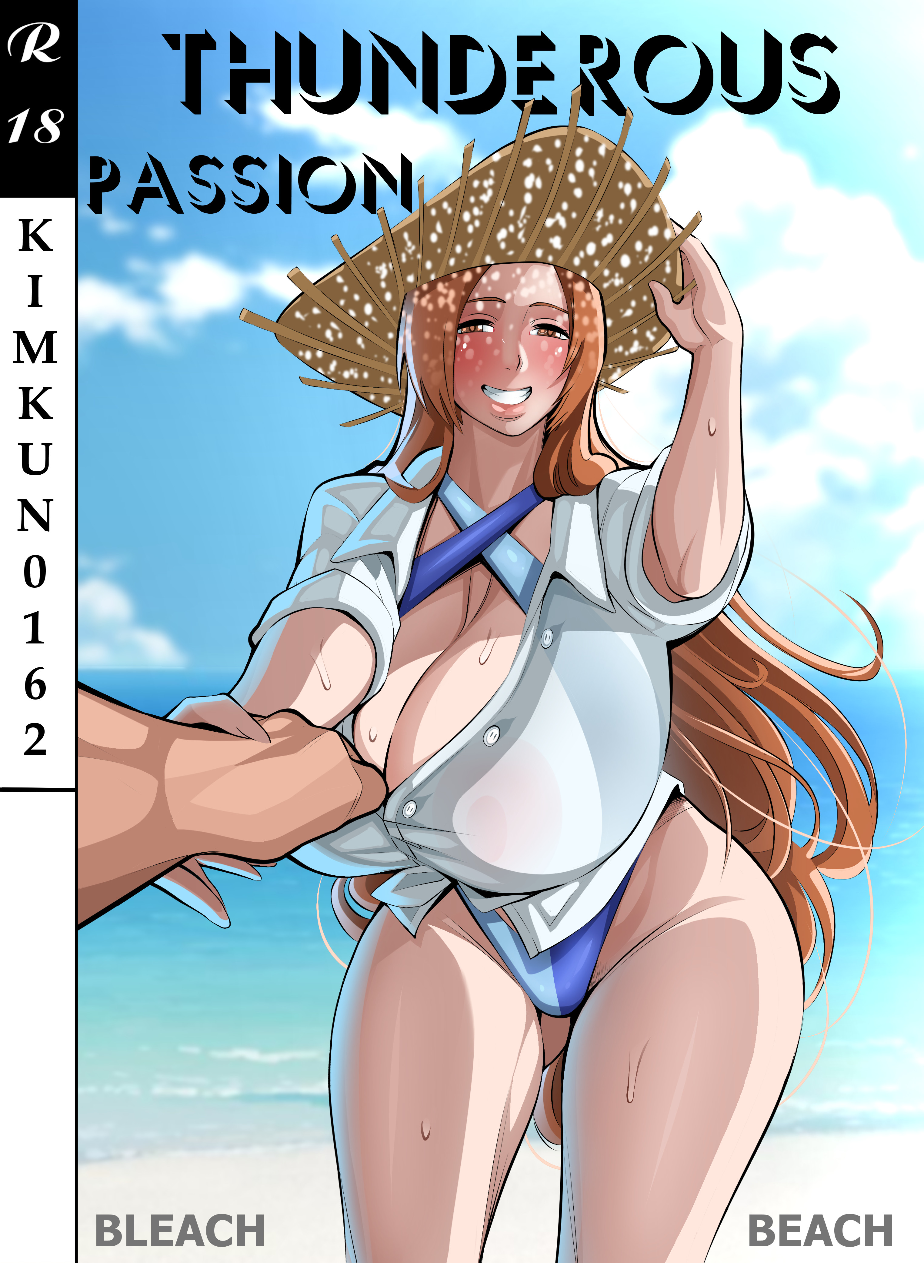 1boy, 1girls, beach, bikini, bleach, blonde hair, blue bikini, blue swimsuit, blush, breasts, brown eyes, busty, cleavage, clothing, cloud, comic cover, curvaceous, english language, english text, female, grin, hat, headwear, high resolution, huge breasts, inoue orihime, kimkun0162, large breasts, long hair, looking at viewer, male, male pov, nipples, ocean, orange hair, outdoors, pov, shirt, sky, smile, straw hat, sun hat, sweat, swimsuit, text, thick thighs, thighs, very high resolution, wet