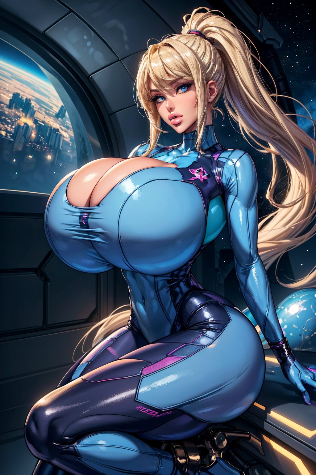 1girls, ai generated, ass, big breasts, bimbo, breasts, breasts bigger than head, bythebrokenone, cleavage, female, female only, gigantic breasts, hourglass figure, huge ass, huge breasts, large breasts, massive breasts, metroid, milf, samus aran, skin tight, solo, solo female, thin waist, zero suit