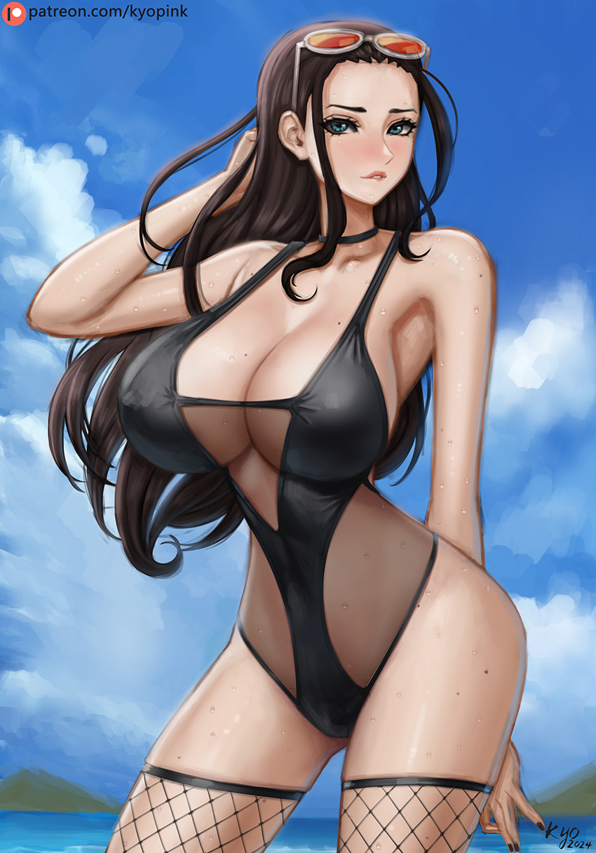 1girls, bare arms, bare legs, bare shoulders, bare thighs, big breasts, biting lip, black hair, black-haired female, blue eyes, blush, breasts, clothed, clothing, color, female, female focus, female only, hi res, kyopink, large breasts, light skin, light-skinned female, long hair, looking at viewer, nico robin, one piece, post-timeskip, shounen jump, solo, solo female, sunglasses, sunglasses on head, tagme, thick thighs