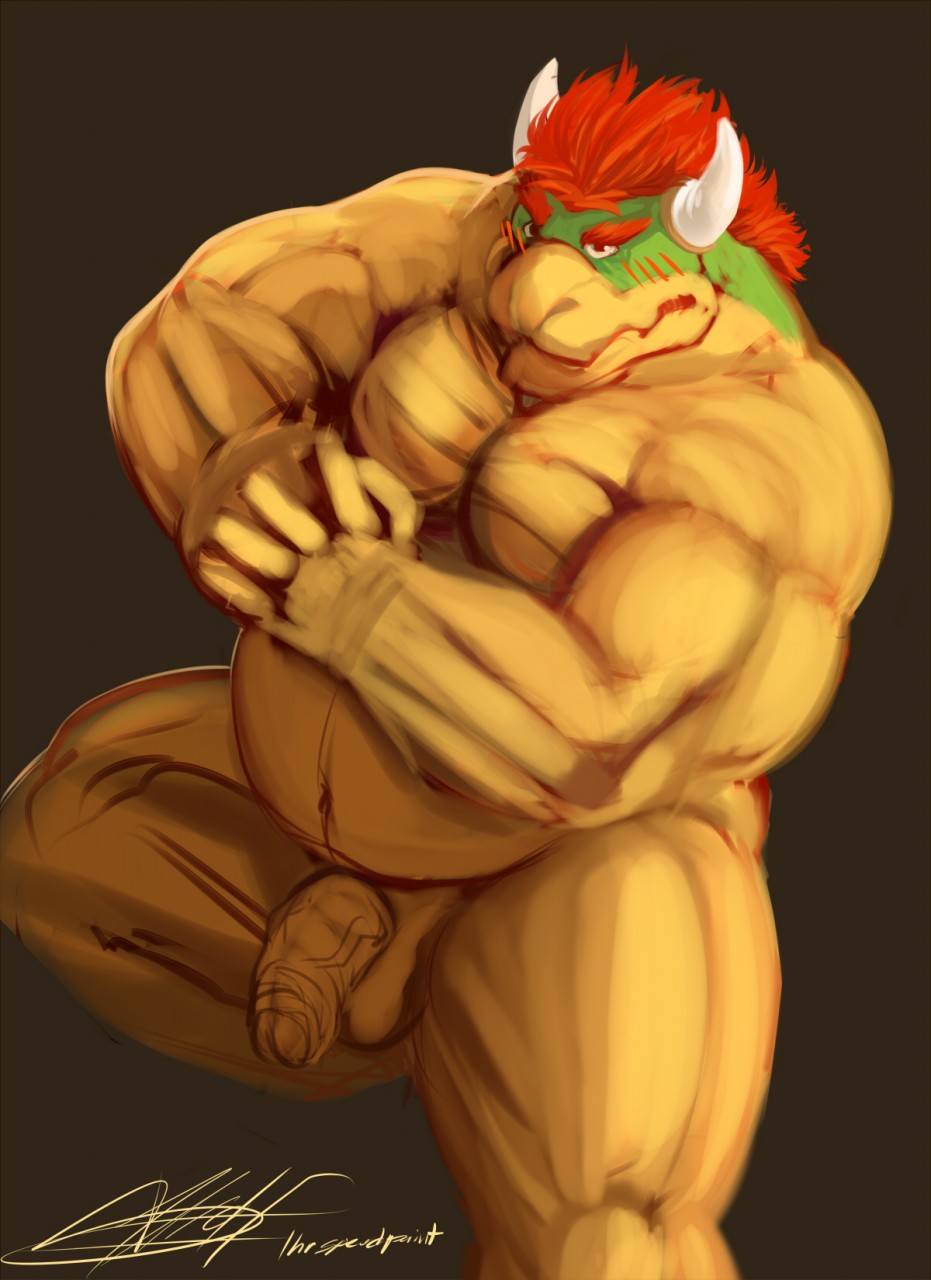 balls big_muscles blush bowser chubby flexing galvinwolf koopa looking_at_viewer male male_only mario_(series) masculine musclegut muscles nintendo overweight penis scalie solo uncut