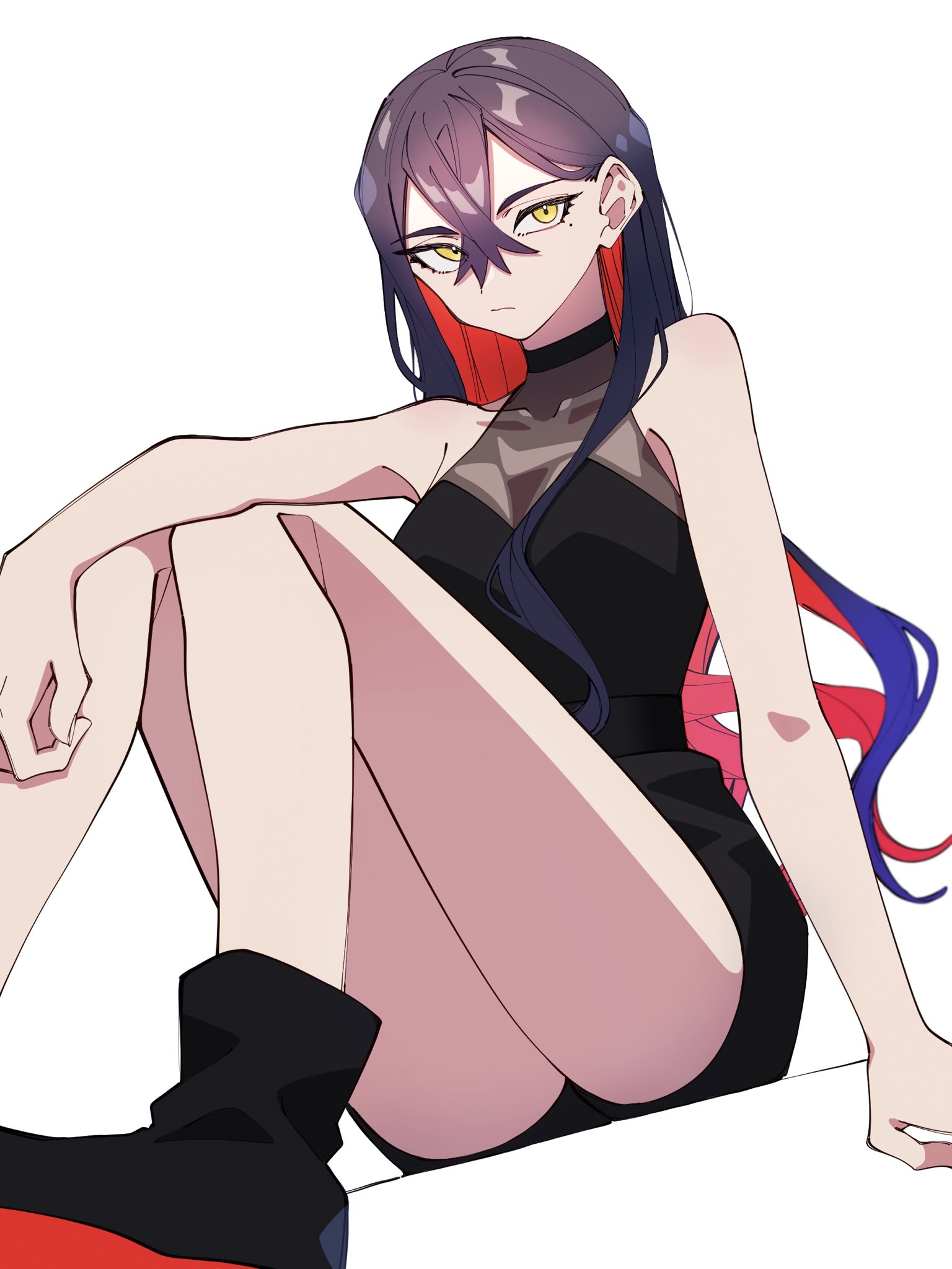 1girls, alternate costume, black dress, carmine (pokemon), dress, female, kana (kanna runa0620), light skin, light-skinned female, not porn, pale skin, pale-skinned female, pokemon, pokemon sv, pout, solo, solo focus, tagme, thigh focus, thighs, yellow eyes