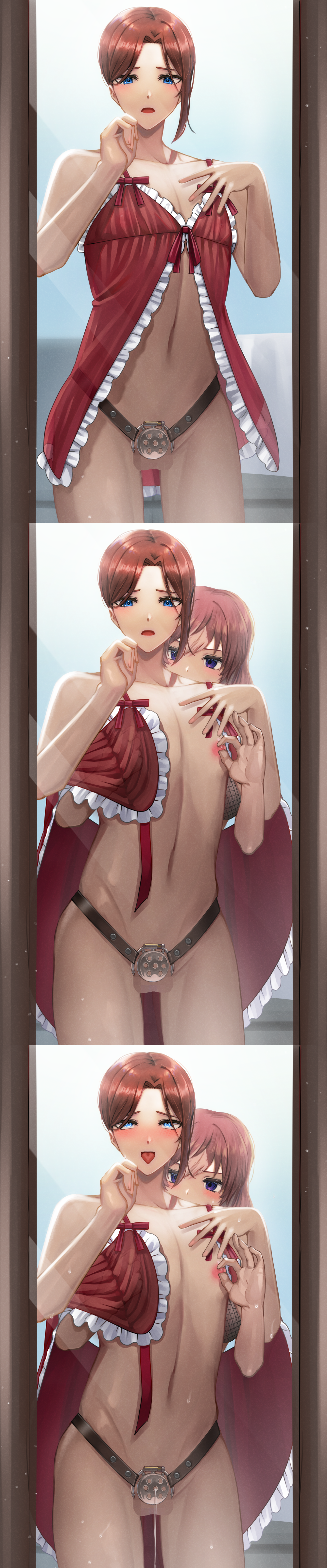 1boy 1girls ahe_gao ainsliesentry babydoll bare_shoulders be050803 dripping_cum femboy femdom feminine_male feminization flat_chastity_cage frills heart-shaped_pupils indie_virtual_youtuber lingerie mirror navel nipple_tweak nipples otoko_no_ko otokonoko sissification sweat tongue_out trap underwear virtual_youtuber