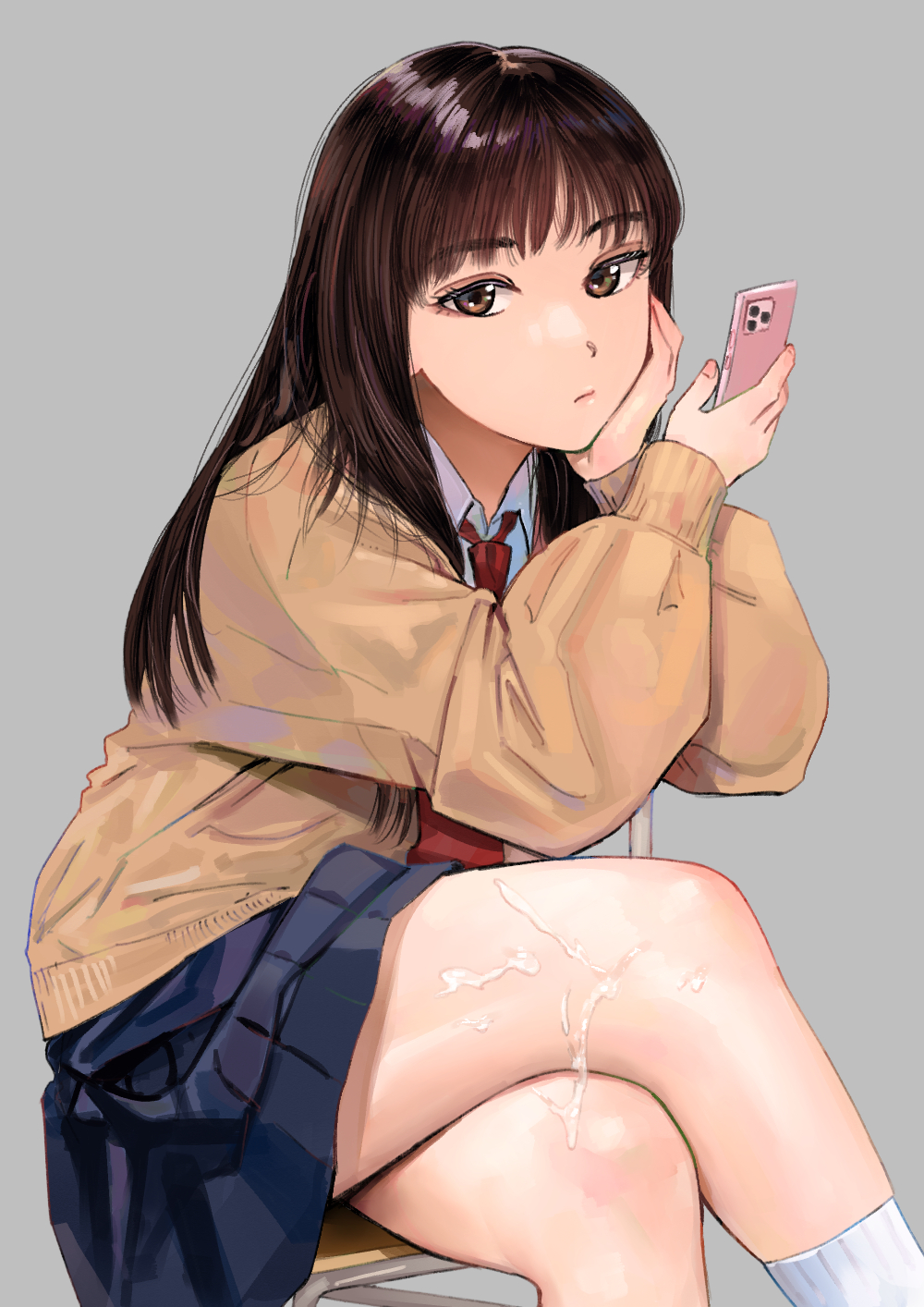 blue_skirt bored brown_eyes brown_hair brown_sweater cum cum_on_body cum_on_legs female grey_background highres holding holding_phone long_hair looking_at_viewer necktie on_chair original phone pleated_skirt red_necktie school_uniform shirt simple_background sitting skirt solo sweater torii_yoshitsuna white_shirt