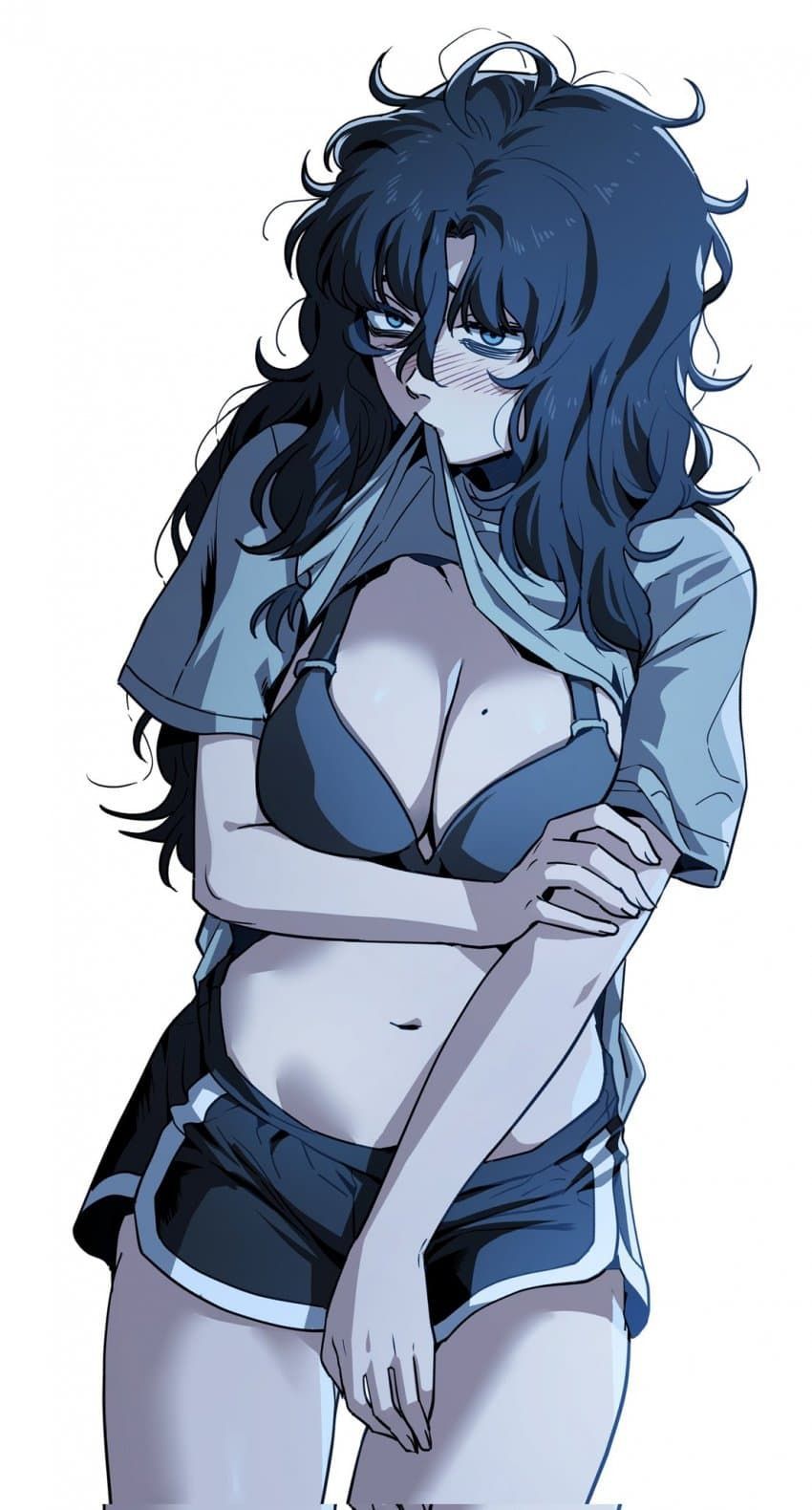 blush, booty shorts, bra, breasts, dolphin shorts, embarrassed, female, femcel, gye baek-soon, lifting shirt, medium breasts, mole, neet, unemployed gye baek-soon