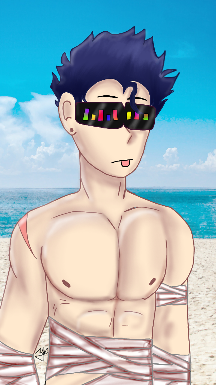 bandage beach daigorou_(minstlu) male_only minstlu muscular_male oc roblox_myth tongue_out youtube_hispanic