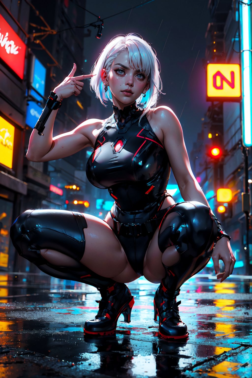 1girls ai_generated big_breasts blue_eyes breasts cyberpunk:_edgerunners legs_apart long_boots lucyna_kushinada nipple_bulge sarella short_hair solo squatting thighhighs thighs white_hair