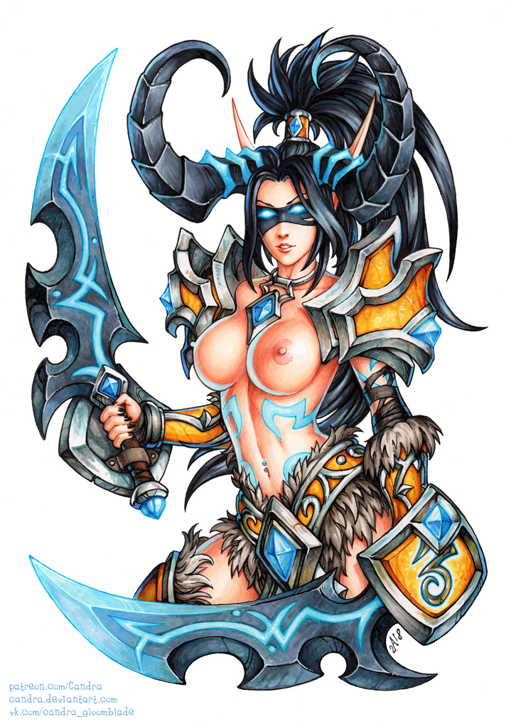 1girls alternate_costume big_breasts black_hair blizzard_entertainment blood_elf candra demon_hunter_valeera heroes_of_the_storm light-skinned_female light_skin solo tattoo topless valeera_sanguinar warcraft world_of_warcraft