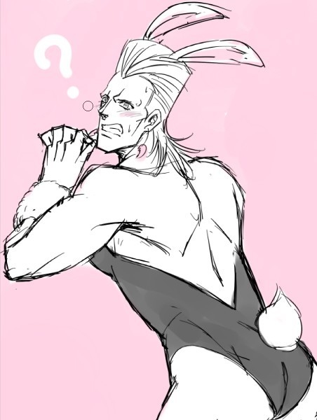 1boy ? black_bunnysuit blush bunny_ears bunny_suit bunny_tail bunnysuit earrings jean_pierre_polnareff jojo's_bizarre_adventure lowres muscular muscular_male pink_background qunhyskoa simple_background solo_male stardust_crusaders sweatdrop white_skin