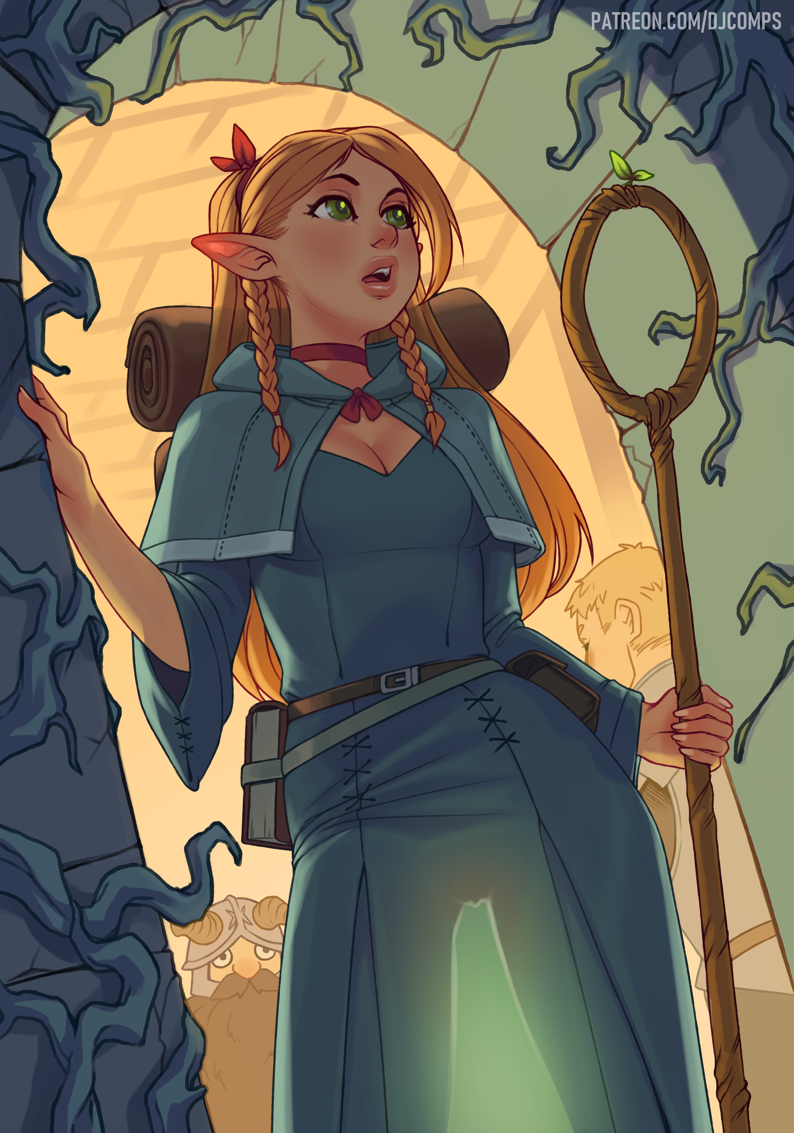 1girls, 2d, 2d (artwork), backpack, belt, blonde hair, braids, breasts, choker, cleavage, clothing, detailed background, dungeon meshi, dwarf, elf, elf ears, elf female, female, female focus, fizzz, green eyes, hi res, high resolution, highres, human, marcille donato, open mouth, pale skin, see-through, see-through silhouette, silhouette, staff