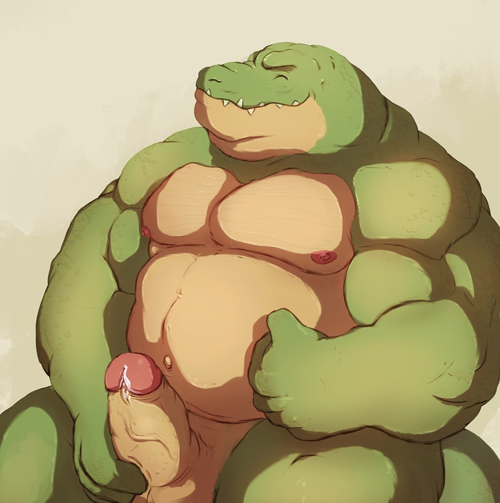 1boy alligator anthro balls biceps big_muscles crocodile cum erection krokodainer male male_only muscles nipples penis reptile scales scalie solo