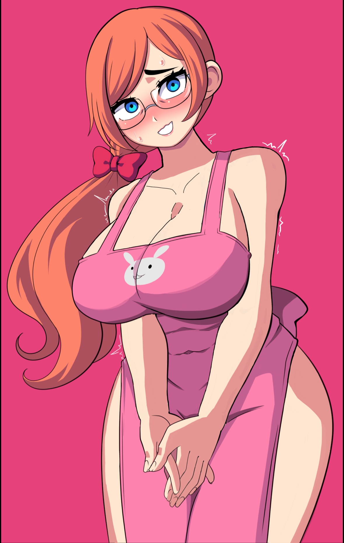 1girls, apron, apron only, arc system works, big breasts, blue eyes, blush, breasts, female, ginger, ginger hair, glasses, kunio-kun, kunio-kun series, kyoko's mom, milf, mostly nude, nervous smile, ninelean, orange hair, pink apron, ponytail, river city girls, river city girls 2, solo, solo focus, thick thighs, voluptuous, voluptuous female, wayforward