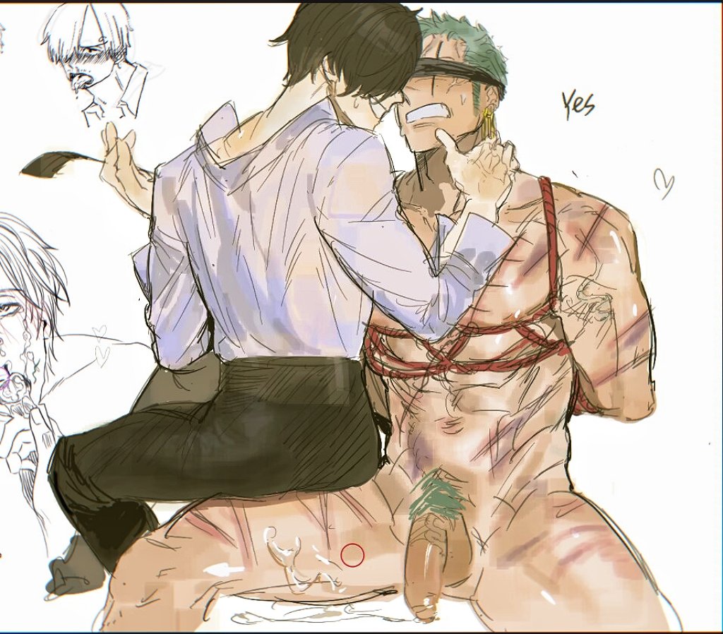2boys, alternate hair color, anger vein, angry, arms behind back, big penis, black hair, blindfold, bondage, bruise, bruised, clenched teeth, clothed male nude male, cum, flaccid, gay, green hair, male, male only, male pubic hair, muscular, muscular male, nude, one piece, penis, post-timeskip, pubic hair, restrained, riding crop, rope, rope bondage, roronoa zoro, scar across eye, sitting, sitting on lap, sitting on person, smile, uncensored, vinsmoke sanji, whip marks, yaoi, ynnn m