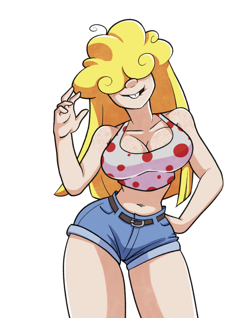 artist_request big_breasts blonde_hair cartoon_network ed_edd_n_eddy freckles fusion fusion_character hair_over_eyes kanker_sisters large_breasts lee_kanker marie_kanker may_kanker thick_thighs white_background wide_hips