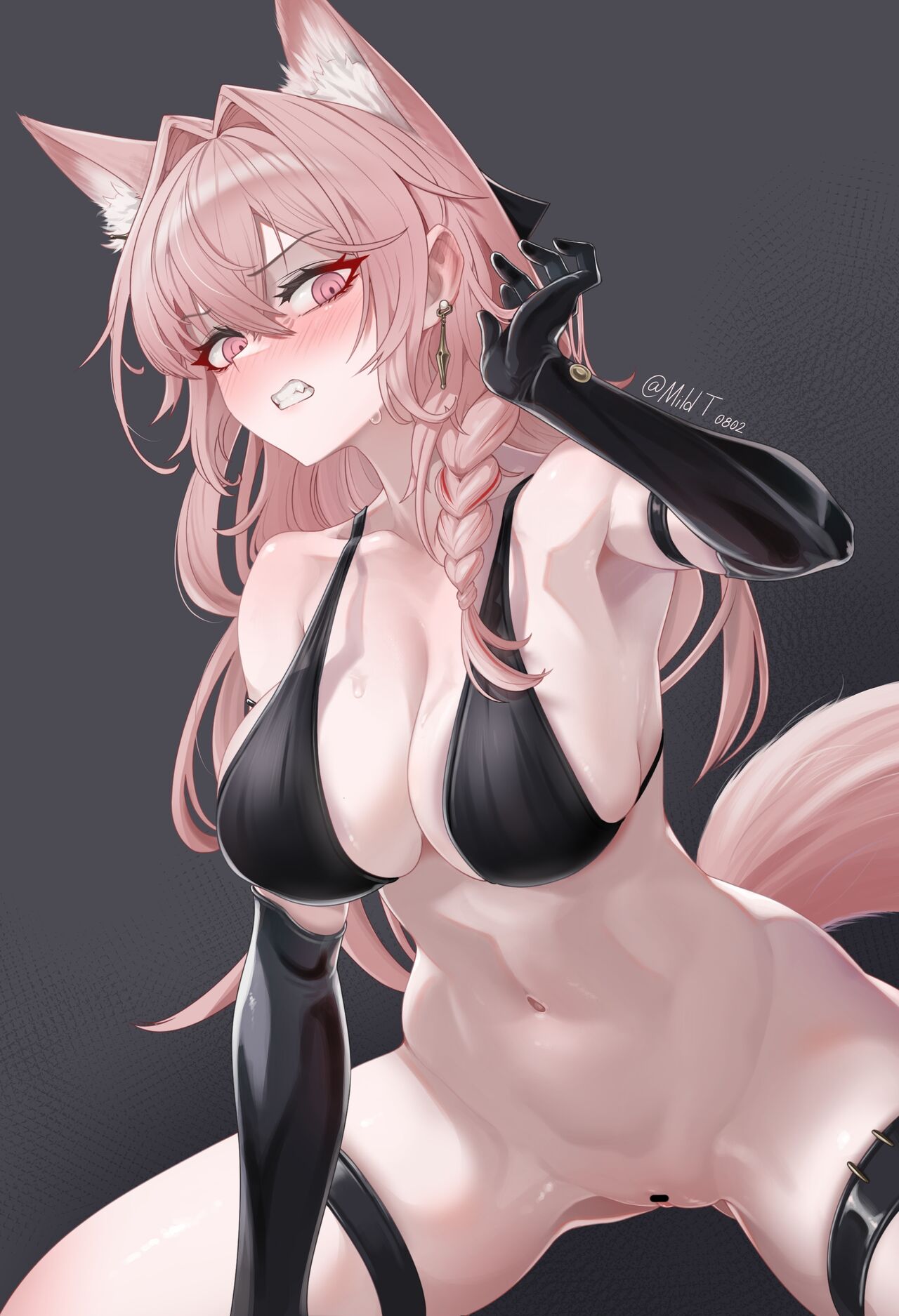 1boy 1girls 2024 arknights bangs big_breasts blush bra breasts censor_bar censored cowgirl_position gloves hi_res kemonomimi light-skinned_female light_skin mildt nude nude_female pink_eyes pink_hair pozyomka_(arknights) simple_background straight sweat swimsuit tail teeth wolf_ears wolf_girl wolf_tail