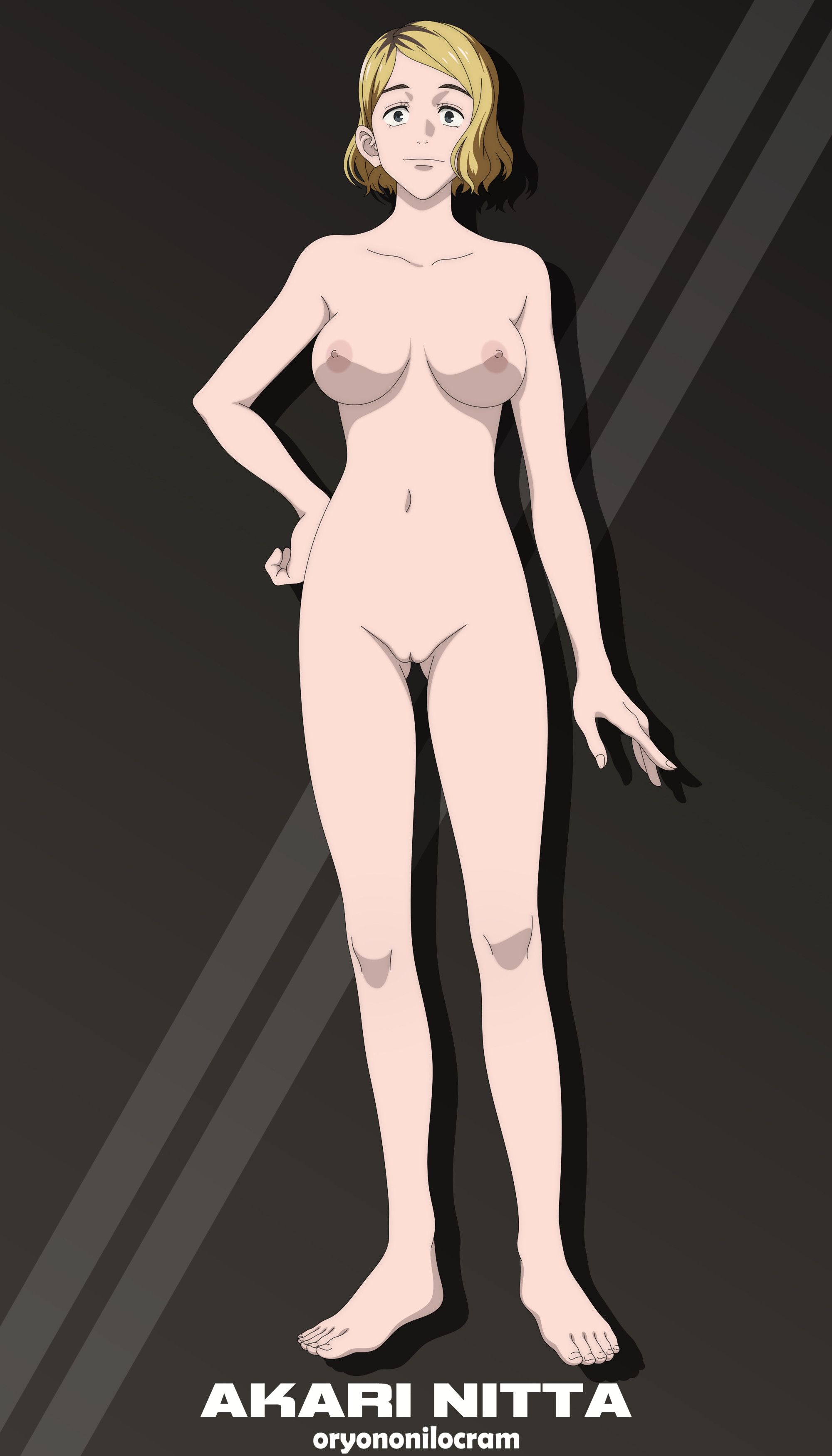1girls, accurate art style, akari nitta, big breasts, blue eyes, breasts, female, jujutsu kaisen, nude, nude female, nude filter, oryononilocram, pussy, yellow hair