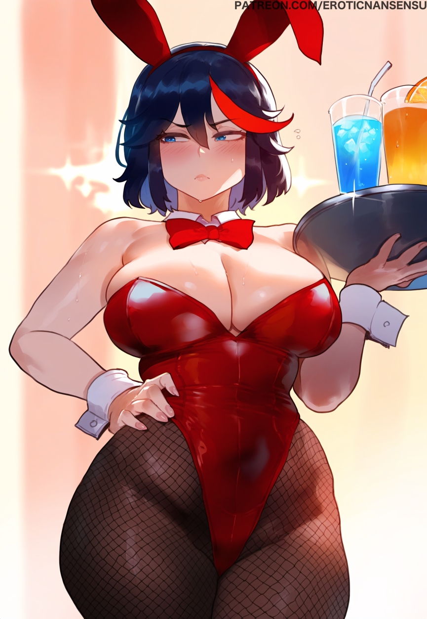 1girls, 2d, ai assisted, ai generated, artist name, bare shoulders, black hair, blue eyes, blush, bowtie, breasts, bunny costume, bunny ears, bunny girl, bunnysuit, cleavage, collar, color, cowboy shot, curvy, drink, erotic nansensu, fake animal ears, female, female only, fishnet stockings, fishnets, furrowed brow, hand on hip, highleg, highleg leotard, holding tray, hourglass figure, kill la kill, large breasts, leotard, light skin, light-skinned female, looking away, looking to the side, matoi ryuuko, patreon username, playboy bunny, red hair, red leotard, solo, streaked hair, tray, tsundere, url, wrist cuffs