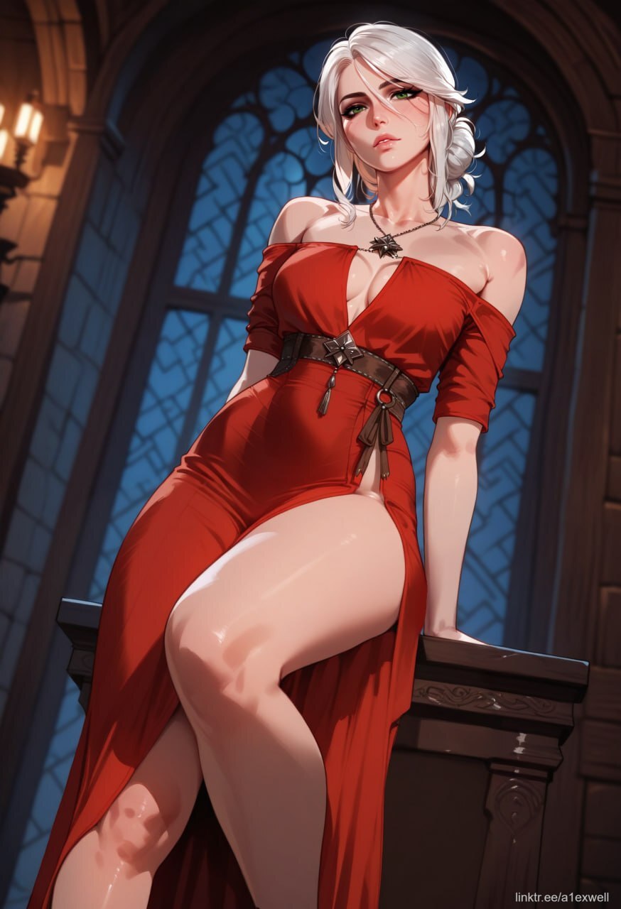 a1exwell, ai generated, blush, breasts, ciri, cleavage, clothing, dress, female, green eyes, legs, light skin, light-skinned female, looking at viewer, night, off shoulder, red dress, scar, seductive, solo, the witcher (series), the witcher 3: wild hunt, white hair, witcher medallion