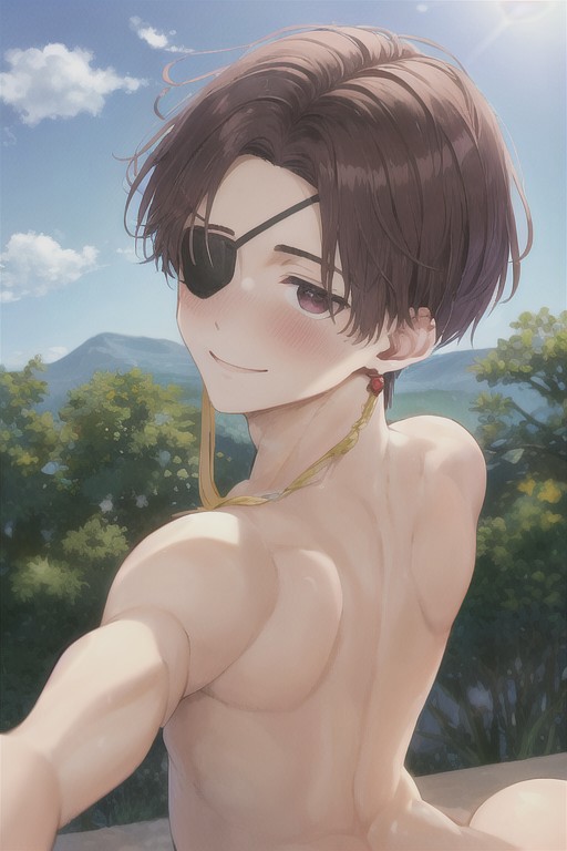 1boy ai_generated back_view blush brown_eyes brown_hair earrings eyepatch gay hayato_suo looking_at_viewer looking_back male male_focus male_only naked nude outdoors outside selfie short_hair smile solo suo_hayato tassel_earrings wind_breaker windbreaker yaoi