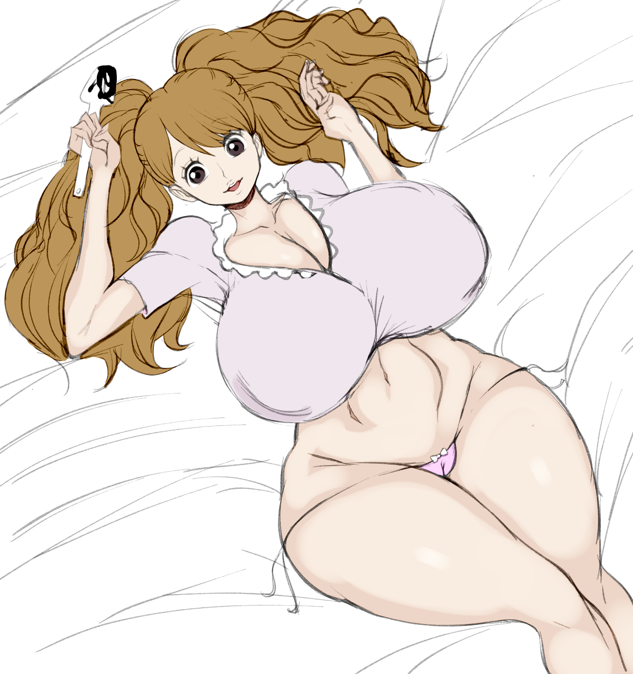 1girls, bed, big breasts, breasts, brown hair, charlotte pudding, chocolate, color edit, colored, female, female only, light brown hair, lying, lying on back, lying on bed, one piece, solo, solo female, spatula, tagme, thanuki, thanukiart, thick thighs, venus body, wide hips