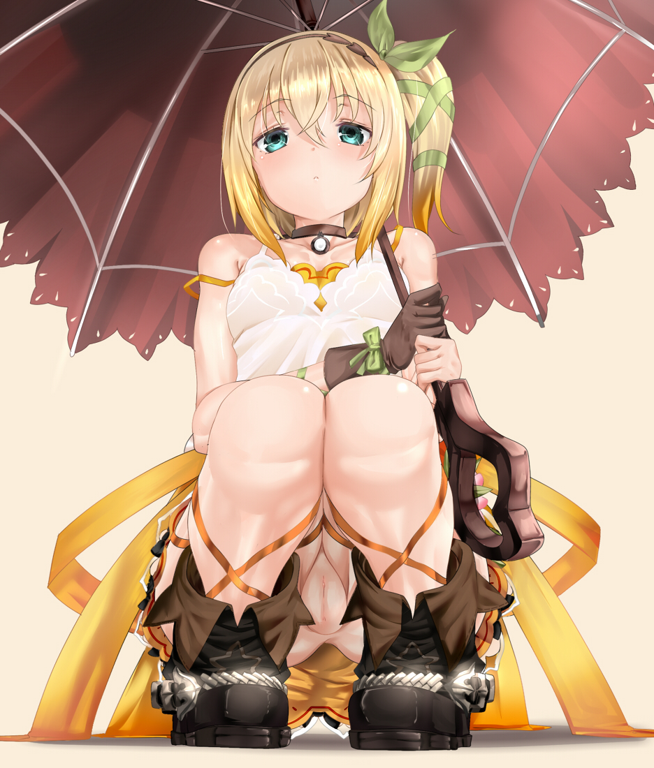 blonde_hair blue_eyes blush choker edna_(tales) female hairband looking_at_viewer no_panties pussy serakoutarou short_hair side_ponytail solo squatting tales_of_(series) tales_of_zestiria umbrella uncensored