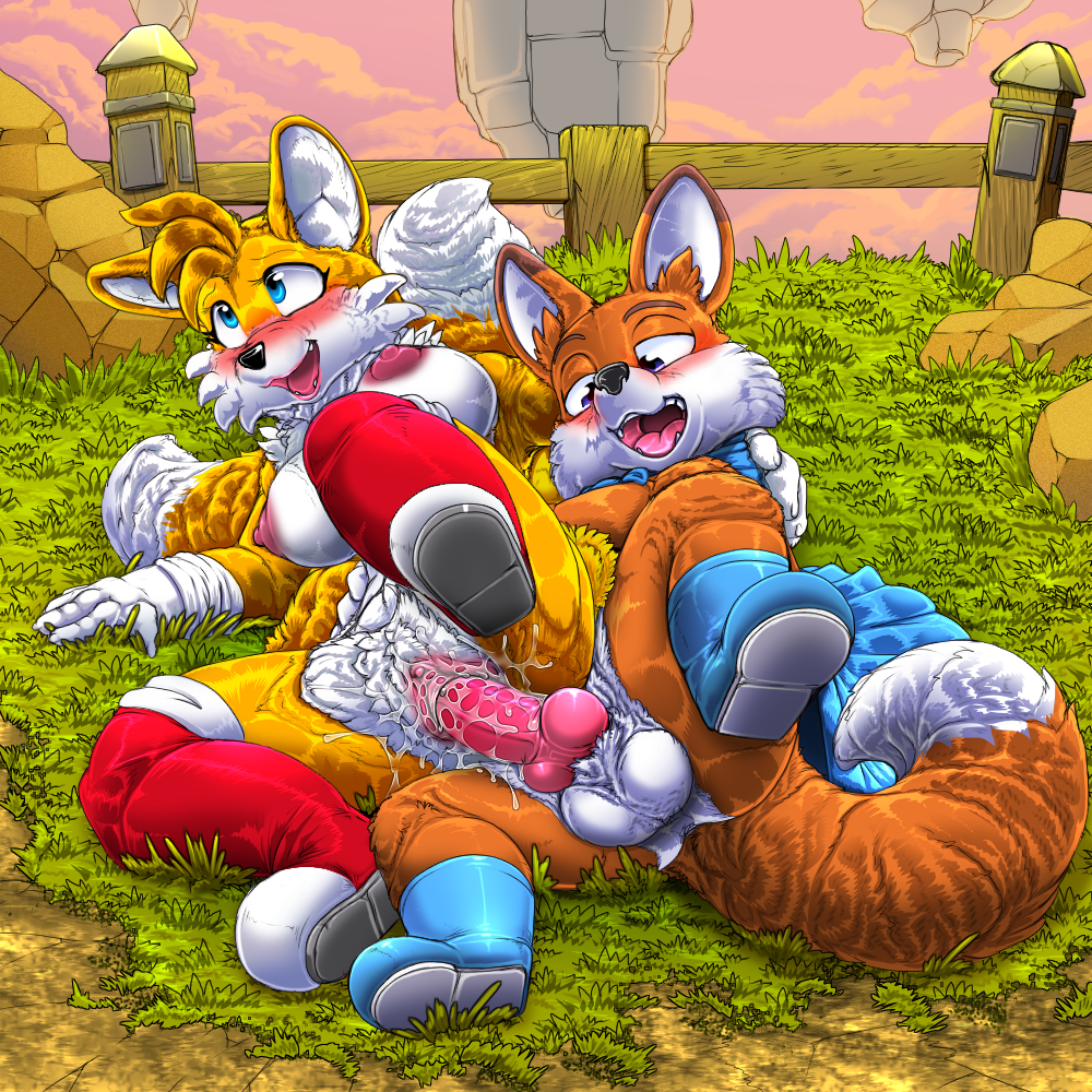 anthro blue_eyes blush canid canine clothing duo female footwear fox fur genitals kitsune_youkai knot lucky_swiftail male male/female mammal mtf_crossgender nipples penetration penis pussy rule_63 sega sex shoes sonic_(series) sonic_the_hedgehog_(series) spooning tail tails tails_the_fox tailsko vaginal_penetration yellow_body yellow_fur