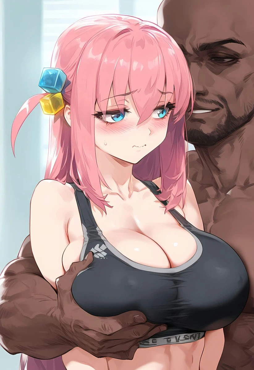 1boy 1girls ai_generated blue_eyes blush bocchi_the_rock! breast_grab dark_man dark_skin gigantic_breasts gotou_hitori hair_ornament huge_breasts interracial light-skinned_female light_skin long_hair massive_breasts muscular_male nakatori nude nude_male pink_hair squatting straight sweat sweatdrop tank_top voluptuous voluptuous_female