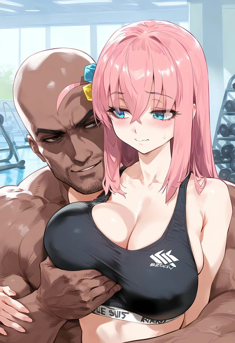 1boy 1girls ai_generated blue_eyes blush bocchi_the_rock! dark-skinned_male dark_skin gigantic_breasts gotou_hitori hair_ornament hug huge_breasts interracial light-skinned_female light_skin long_hair massive_breasts muscular_male nakatori nude nude_male pink_hair squatting straight sweat sweatdrop tank_top voluptuous voluptuous_female