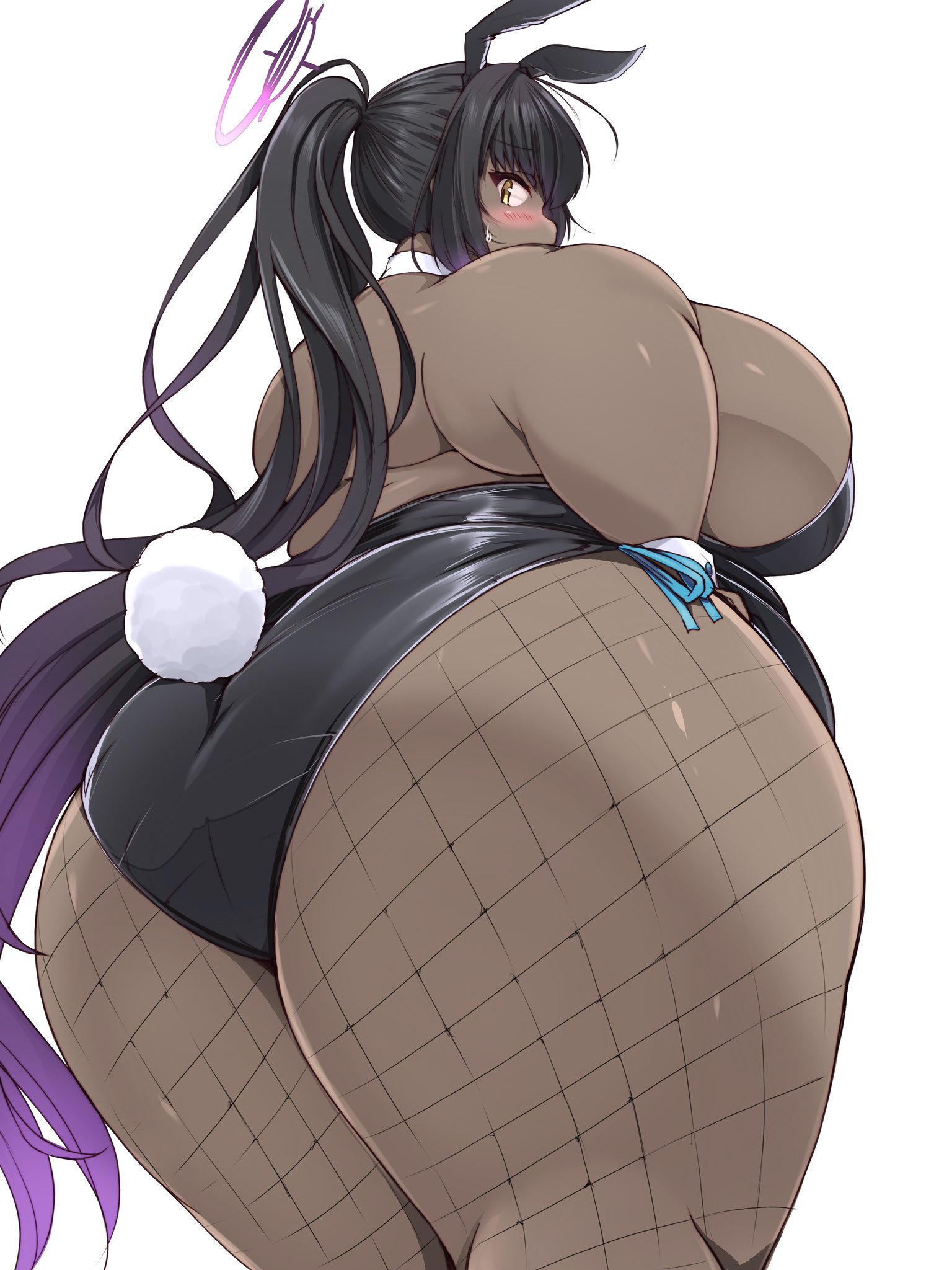 1girls, 2024, absurd res, ass, ass focus, bbw, big ass, big butt, black hair, blue archive, blush, breasts, bunny ears, bunny girl, bunny tail, bunnysuit, cleaning & clearing (blue archive), curvaceous, curvy, curvy figure, embarrassed, fat ass, female, female focus, fishnet legwear, fishnets, gigantic ass, halo, huge ass, huge breasts, huge thighs, karin (blue archive), karin (bunny) (blue archive), kurocaze, long hair, looking at viewer, looking back, millennium science school student, plump, ponytail, solo, solo female, solo focus, thick thighs, thighs, voluptuous, yellow eyes
