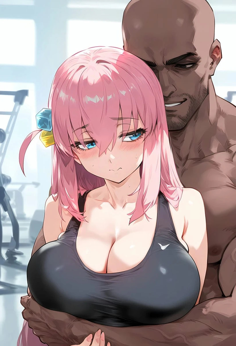 1boy 1girls ai_generated blue_eyes blush bocchi_the_rock! dark-skinned_male dark_skin gigantic_breasts gotou_hitori hair_ornament huge_breasts interracial light-skinned_female light_skin long_hair massive_breasts muscular_male nakatori nude nude_male pink_hair squatting straight sweat sweatdrop tank_top voluptuous voluptuous_female