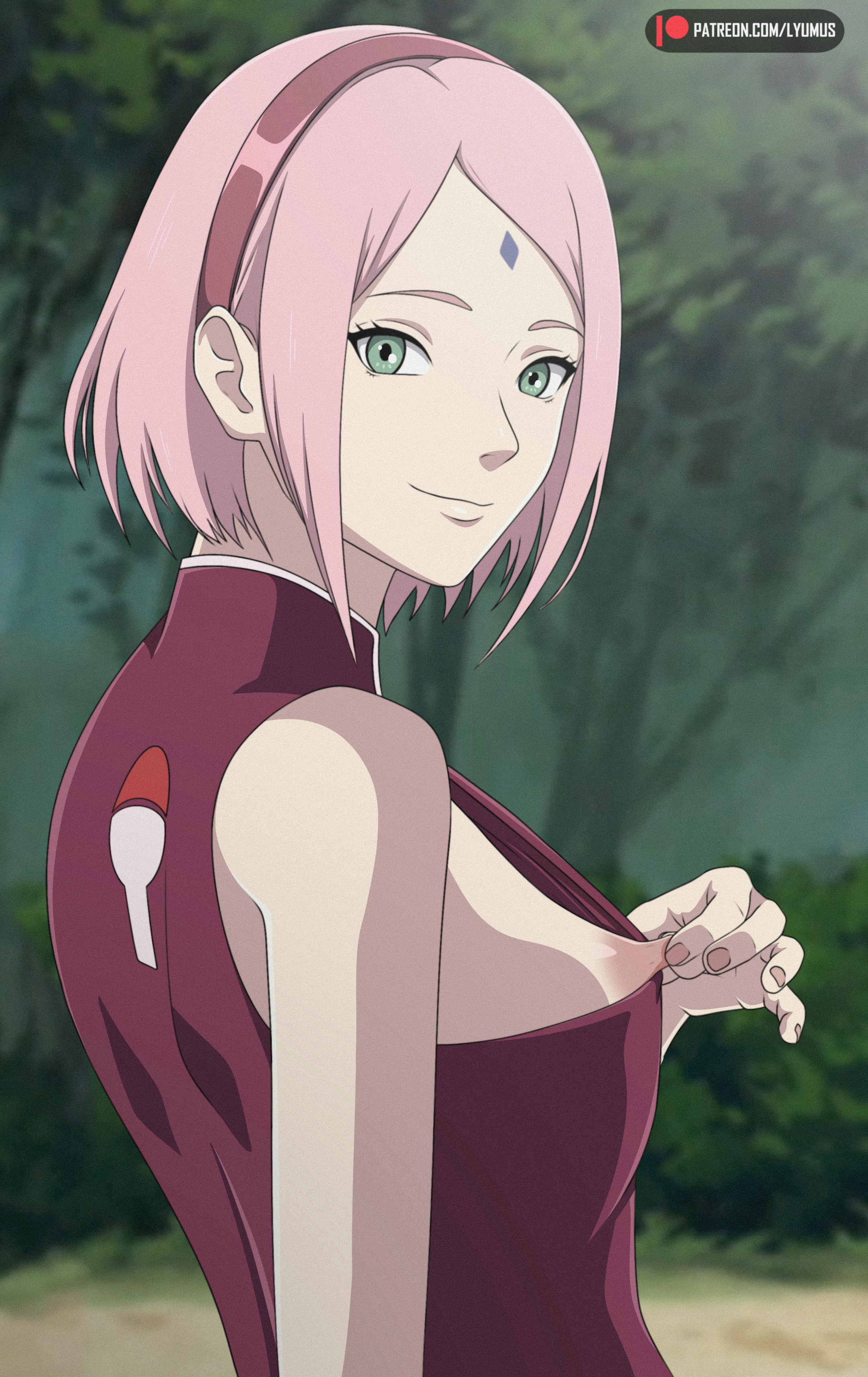 1girls, boruto: naruto next generations, breasts, chinese clothes, clothing, dress, female, female only, from behind, green eyes, long hair, looking at viewer, looking back, lyumus, mature, mature female, milf, naruto, naruto (series), nipple pinch, nipple play, nipple pull, nipple slip, nipple tweak, nipples, no bra, no bra under clothes, one breast out, patreon username, perky breasts, petite, pink hair, pink-haired female, pulled by self, sakura haruno, side view, small breasts, smile, solo, solo focus, uchiha symbol, uncensored, upper body, url, watermark, web address