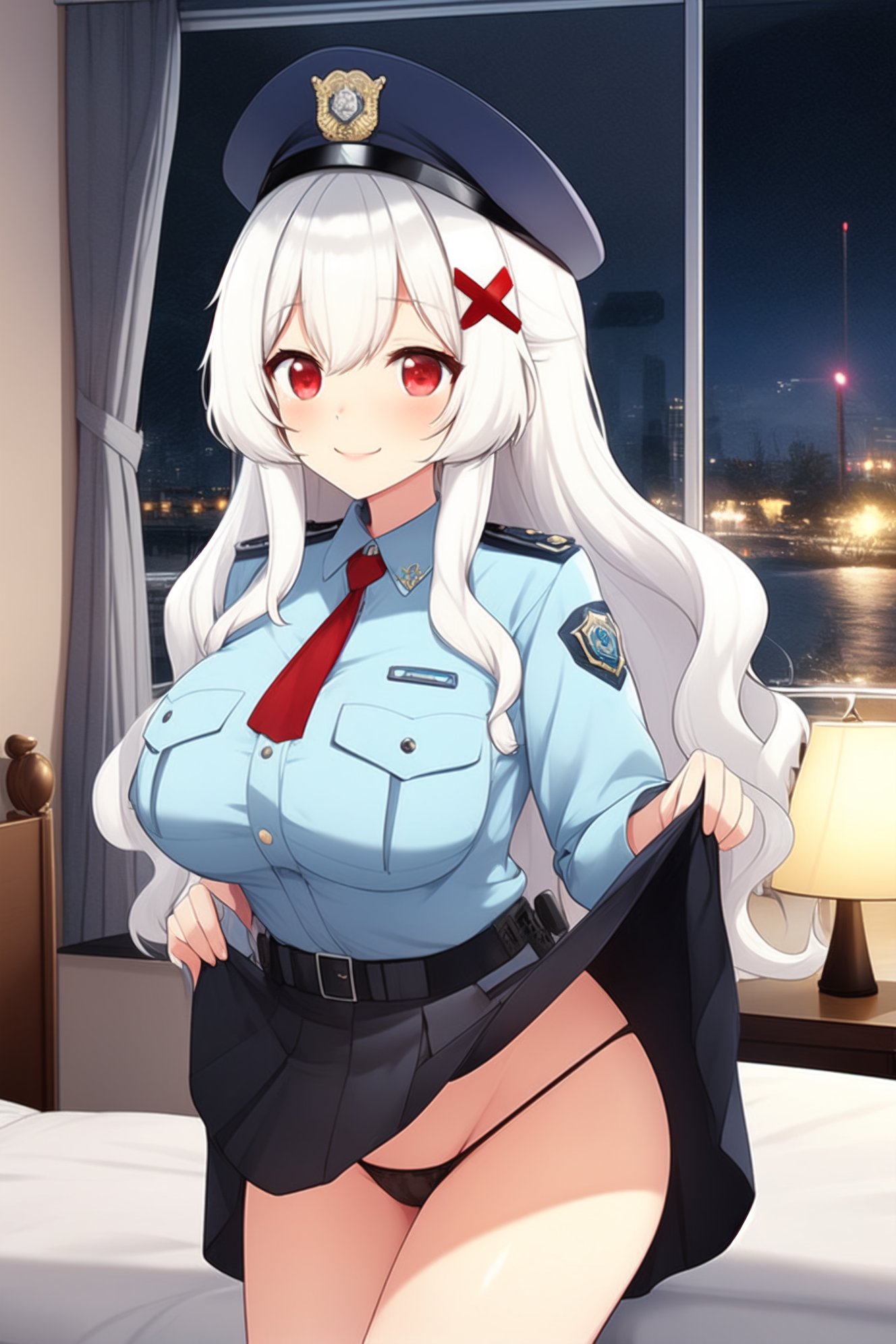 1girls ai_generated alufliniy bed bedroom big_breasts black_panties busty cosplay erispheria female_focus hair_ornament hips hispanic_virtual_youtuber legs_together looking_at_viewer panties police police_hat police_uniform policewoman red_eyes skirt skirt_up smile solo_female twitch virtual_youtuber vtuber white_hair youtube youtube_hispanic