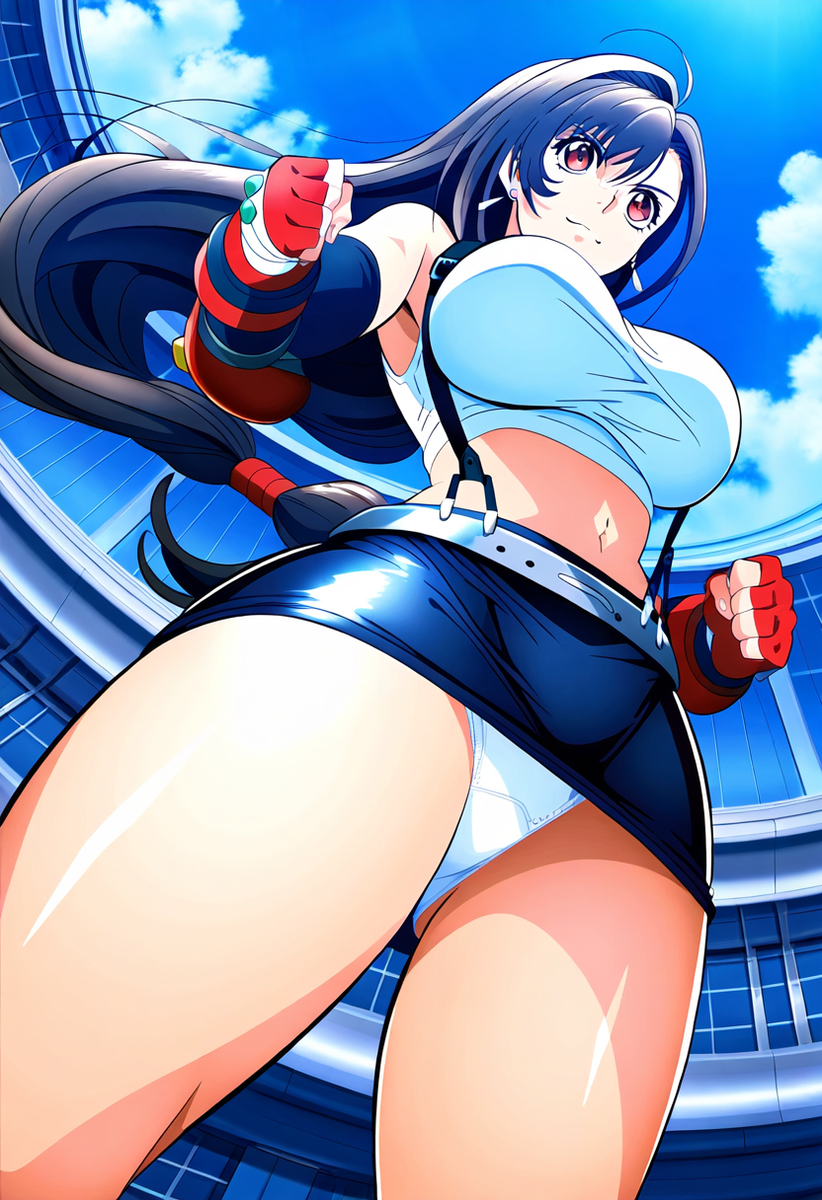 1girls ai_generated black_hair curvy_body final_fantasy final_fantasy_vii large_breasts light_brown_eyes long_hair miniskirt panchira panties thick_thighs tifa_lockhart upskirt voluptuous voluptuous_female white_panties