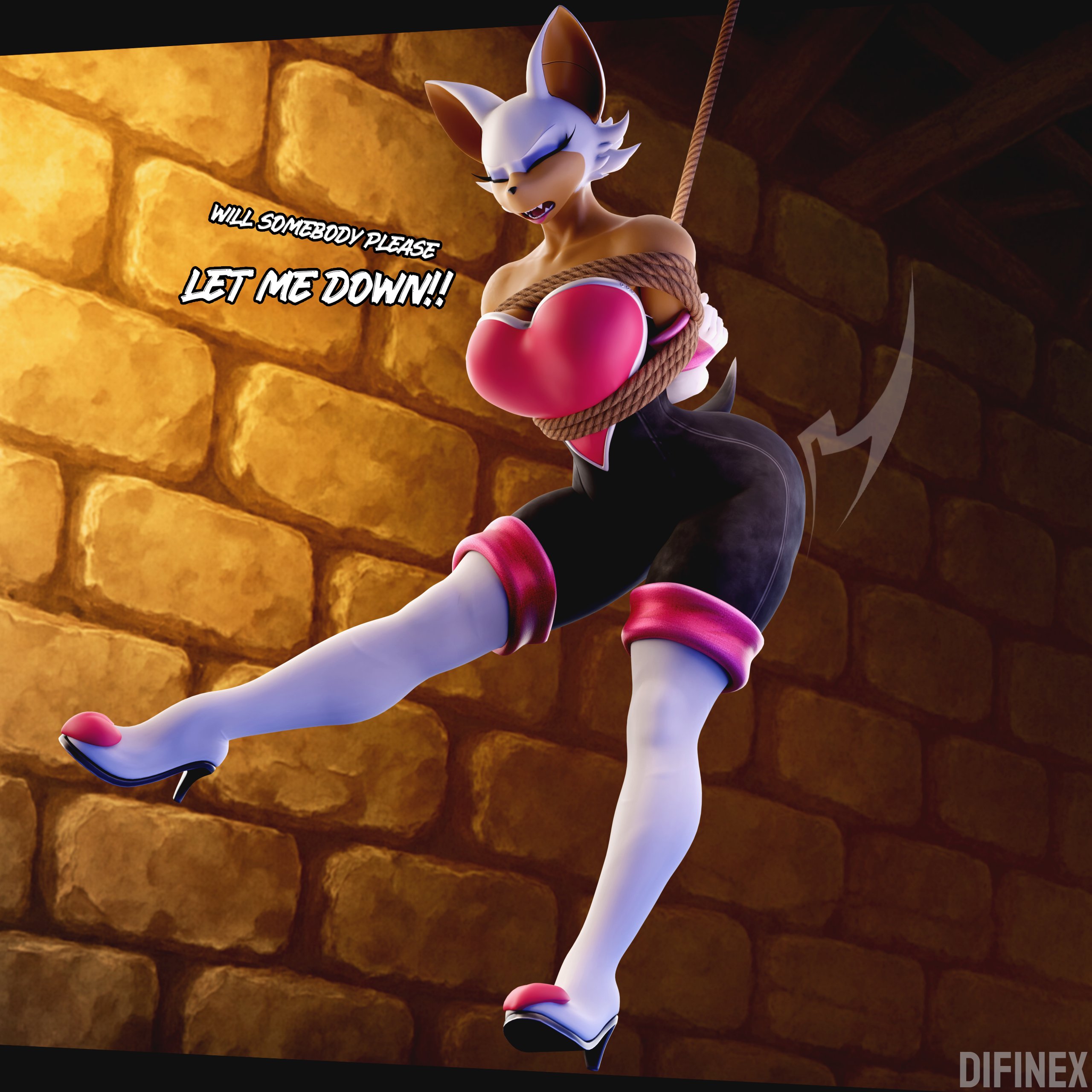 1:1, 3d, 3d (artwork), 3d model, absurd res, anthro, arms tied, armwear, bare shoulders, bat, big breasts, blue eyeshadow, bodysuit, bondage, boots, bound, breasts, brick wall, closed eyes, clothing, difinex, digital media (artwork), elbow gloves, eyeshadow, fangs, female, footwear, fur, gloves, hands behind back, handwear, helpless, hi res, high heeled boots, high heels, legwear, makeup, mammal, mobian, mobian (species), mobian bat, open mouth, restraints, rope, rope bondage, rouge the bat, sega, shoes, skinsuit, solo, sonic (series), sonic adventure 2, sonic the hedgehog (series), strapless clothing, tail, teeth, thigh boots, thigh highs, tight clothing, wall (structure), warfare rouge, watermark, white body, white clothing, white fur, white legwear, white thigh boots, white thigh highs, wide hips