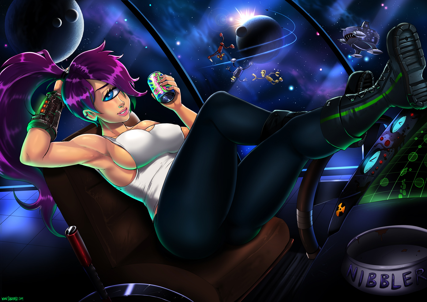 ass, blue eyes, boots, breasts, cyclops, ear piercing, female, futurama, hair, large breasts, piercing, ponytail, purple hair, shadman, sideboob, sitting, smile, solo, space, spaceship, tank top, tied hair, turanga leela, wristband