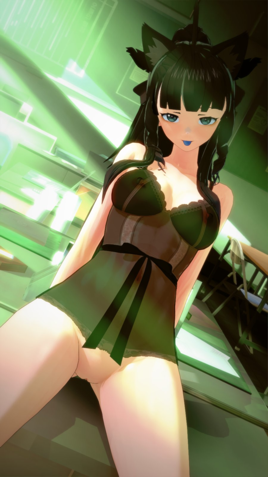 1girls 3d alternate_version_available artemis_of_the_blue atelier_live bangs black_hair black_ribbon blue_tongue cat_ears exposed_breasts indie_virtual_youtuber light-skinned_female light_skin looking_at_viewer on_counter ponytail shark_fin shark_girl solo_female uncensored virtual_youtuber vtuber yabelive