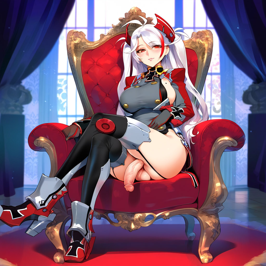1futa, ai generated, antenna hair, armchair, ass, azur lane, bangs, blush, bottomless, breasts, brown eyes, chair, covered nipples, crossed legs, eyebrows visible through hair, flaccid, futa only, futanari, garter straps, gloves, high heels, indoors, intersex, iron cross, large breasts, light-skinned futa, long hair, long sleeves, looking at viewer, mole, mole on breast, multicolored hair, no panties, penis, prinz eugen (azur lane), racerai, red hair, silver hair, sitting, smile, solo, streaked hair, swept bangs, thighhighs, thighs, two side up, very long hair, window