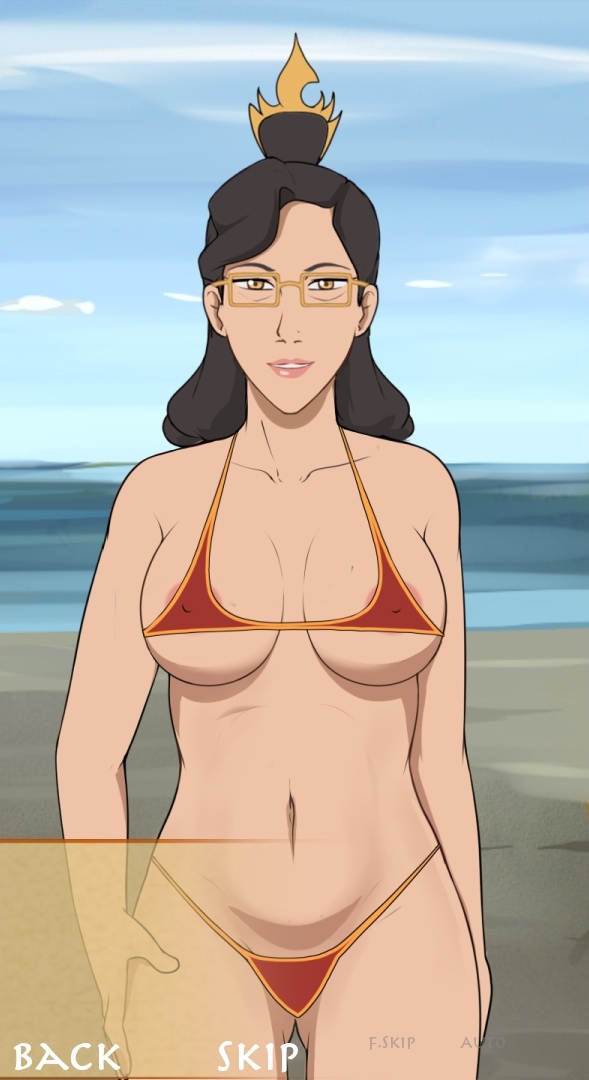 1girls 2d avatar_legends beach big_breasts bikini female female_only fire_nation four_elements_trainer game_cg glasses human izumi_(tlok) milf mity solo the_legend_of_korra