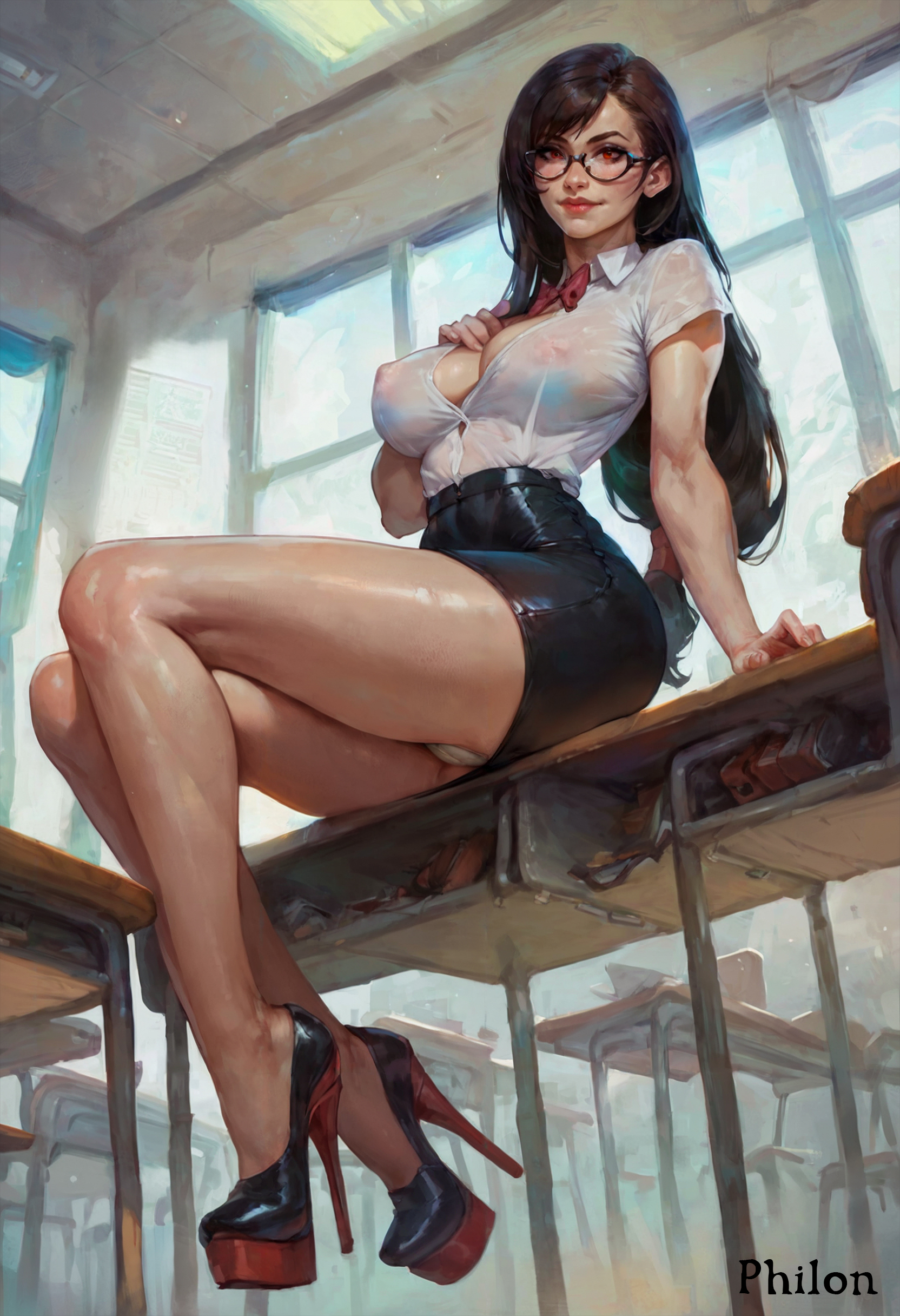 1girls, ai generated, arm support, bare legs, black footwear, black hair, black skirt, bow, bra, breasts, cameltoe, classroom, cleavage, collared shirt, covered nipples, desk, female, female only, final fantasy, final fantasy vii, full body, glasses, hand on own chest, high heels, indoors, large breasts, legs, lips, long hair, looking at viewer, low-tied long hair, miniskirt, nipples visible through clothing, nose, on desk, panties, pantyshot, pencil skirt, philon, pussy, red bottom heels, red eyes, school chair, school desk, see-through, see-through shirt, shirt, short sleeves, sitting, sitting on desk, skirt, smile, solo, stable diffusion, teacher, thighs, tifa lockhart, underwear, upskirt, wet, wet clothes, wet shirt, white panties, white shirt, window