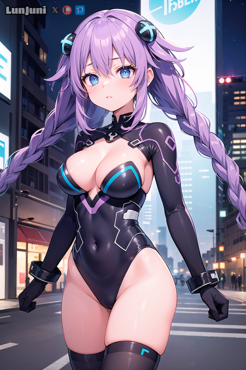 1girls ai_generated black_legwear black_leotard blue_eyes blush breasts cameltoe city cleavage cute detailed eyebrows_visible_through_hair female female_only front_view gloves goddess hair_between_eyes hair_ornament highres leotard light-skinned_female light_skin long_hair looking_at_viewer lunjuni neptune_(neptunia) neptunia_(series) outdoors purple_hair purple_heart_(neptunia) solo stable_diffusion standing tagme thick_thighs twin_braids watermark