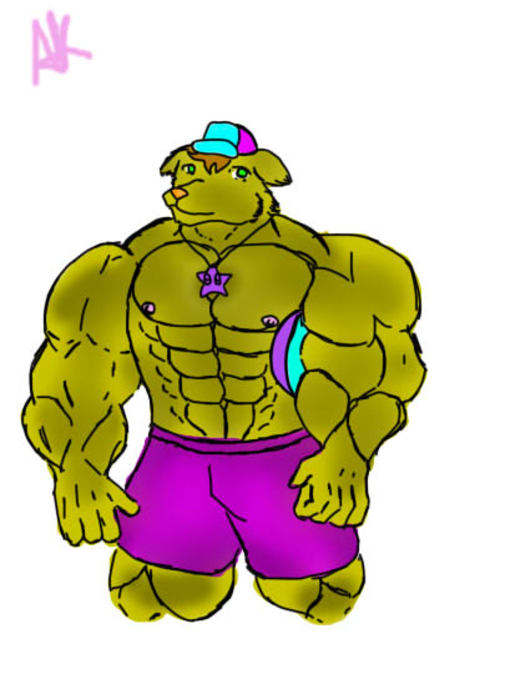 2015 abs beach_ball biceps brown_hair digital_drawing_(artwork) dog_ears green_eyes holyspaghettiobatman musclefurrydogaaron necklace orange_nose pecs pink_nipples purple_shorts sexydogaaron smiling_at_viewer star_necklace yellow_body yellow_fur