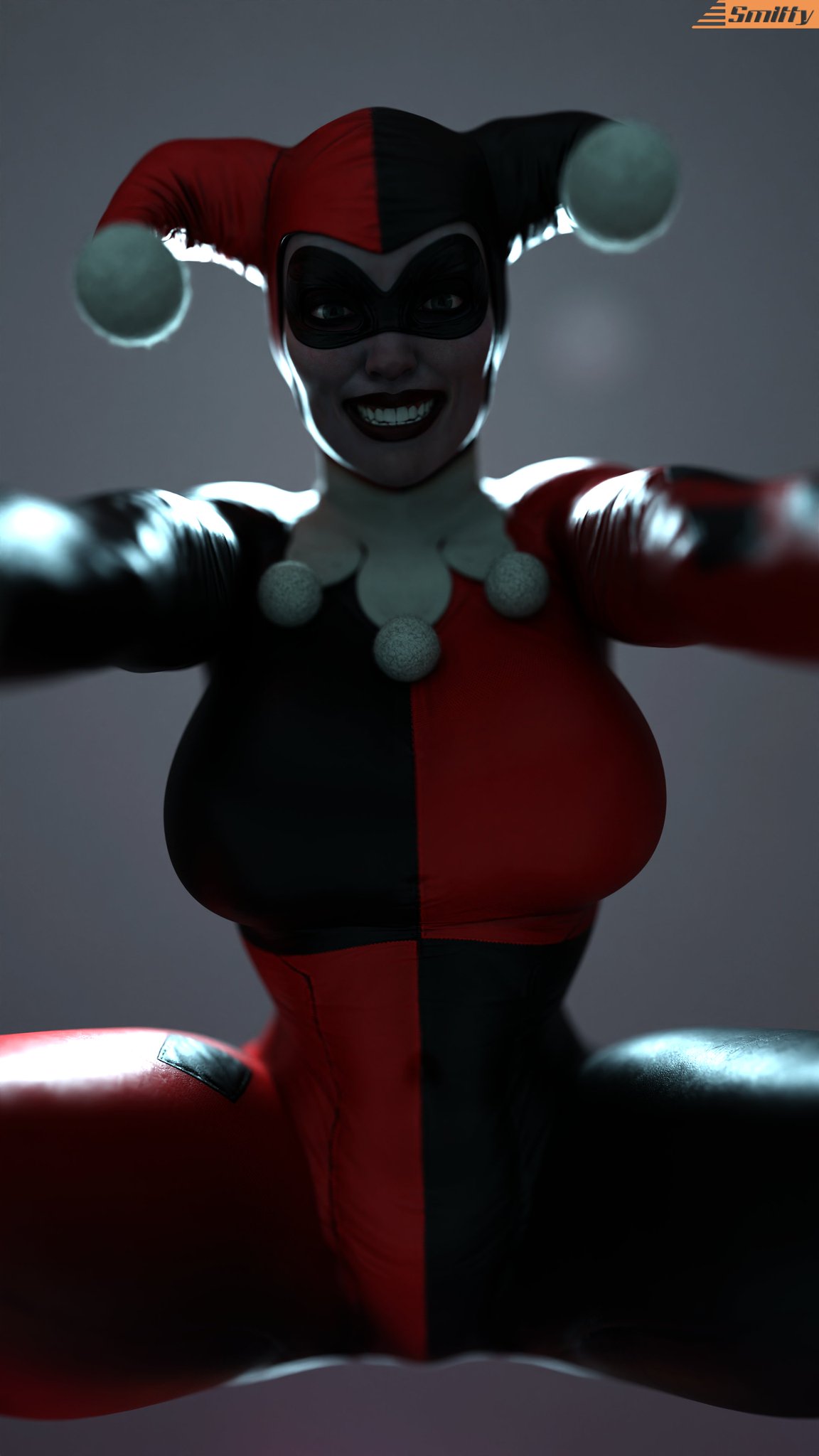 1girls 3d 3d_(artwork) artist_name batman:_arkham_knight batman_(series) big_breasts bodysuit breasts busty clussy costume curvaceous curvy curvy_figure dc dc_comics female female_on_top female_only harley_quinn harley_quinn_(classic) harley_quinn_(injustice) hourglass_figure injustice_2 slim_waist smiling smiling_at_viewer smitty34 solo submissive_pov thick_thighs