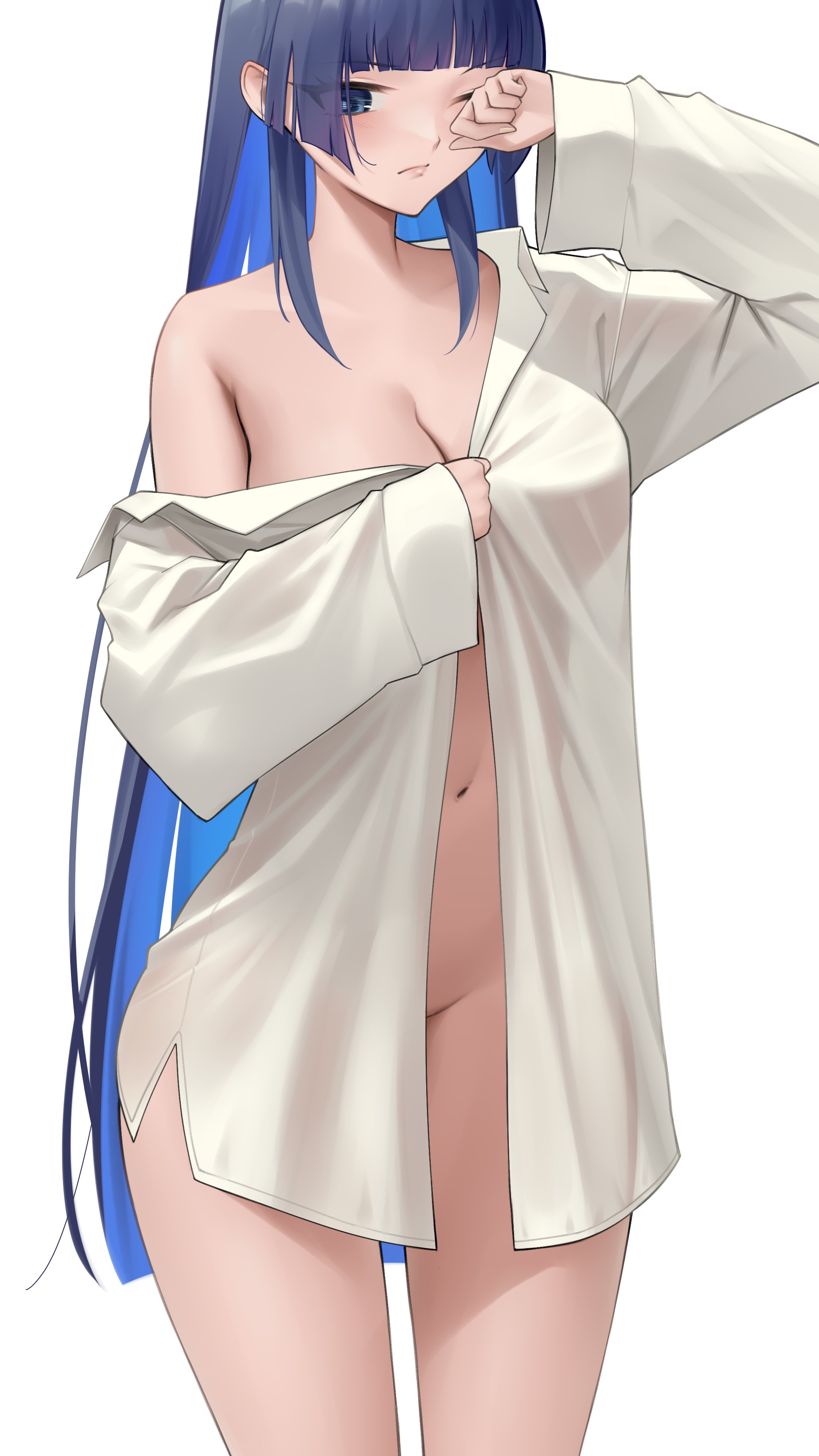 1girls, absurd res, absurdres, arm up, bare belly, bare chest, bare hands, bare legs, bare navel, bare pussy, bare shoulders, bare skin, bare thighs, belly, belly button, big breasts, blue eyebrows, blue eyes, blue hair, blue-eyed female, blue-haired female, blunt bangs, breasts, cleavage, collarbone, curvy, curvy body, curvy female, curvy figure, curvy hips, curvy thighs, dot nose, elbows, female, female focus, female only, fingernails, fingers, groin, half naked, hand on face, hand on head, hand on own face, hand on own head, hand up, high resolution, highres, hololive, hololive english, hololive english -council-, hololive english -promise-, hourglass figure, large breasts, legs, light skin, light-skinned female, lips, long hair, looking at viewer, medium breasts, naked, naked female, navel, no bra, no panties, nude, nude female, one eye closed, open clothes, open clothing, open shirt, ouro kronii, pussy, shirt, shirt only, shoulders, simple background, sleepy, slender body, slender waist, slim female, slim waist, solo, somebody, somebody (leiking00), standing, tagme, thick thighs, thigh gap, thighs, thin waist, tired, unbuttoned, unbuttoned shirt, upper body, v-line, very long hair, virtual youtuber, vtuber, white background, white shirt, wide hips