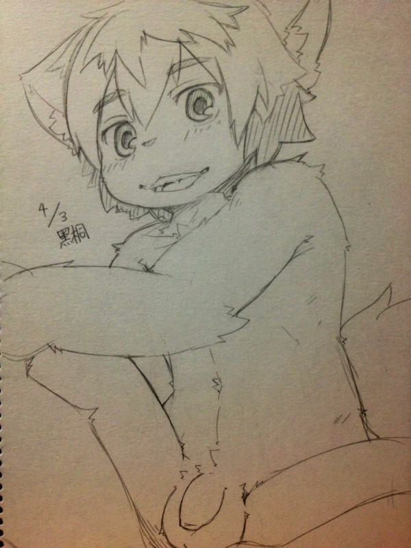 1boy anthro balls big_eyes chubby cute eyebrows flaccid hair happy humanoid_penis kemono male male_only monochrome nude penis plain_background pose sirotae_konnta sketch small_penis solo uncut young