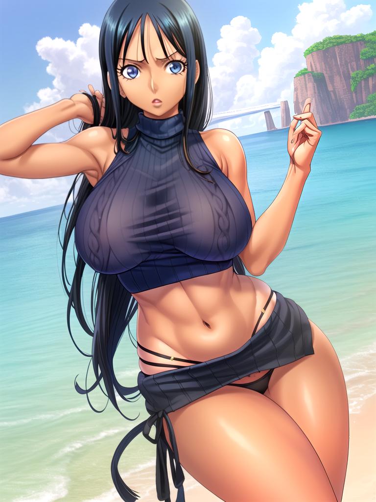 ai_generated bangs beach_background big_breasts bikini_bottom blue_eyes crop_sweater dark_hair female female_only grabbing_own_hair large_hips long_hair nico_robin one_piece sleeveless_sweater sleeveless_turtleneck sweater tanned tanned_female tanned_skin turtleneck turtleneck_sweater whale_tail_(clothing) zarazin