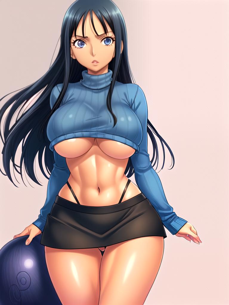 ai_generated bangs big_breasts blue_eyes crop_sweater dark_hair female female_only large_hips long_hair miniskirt nico_robin one_piece sexy_sweater skirt sweater tanned tanned_skin thong_straps turtleneck turtleneck_sweater underboob underboob_sweater visible_underwear whale_tail zarazin