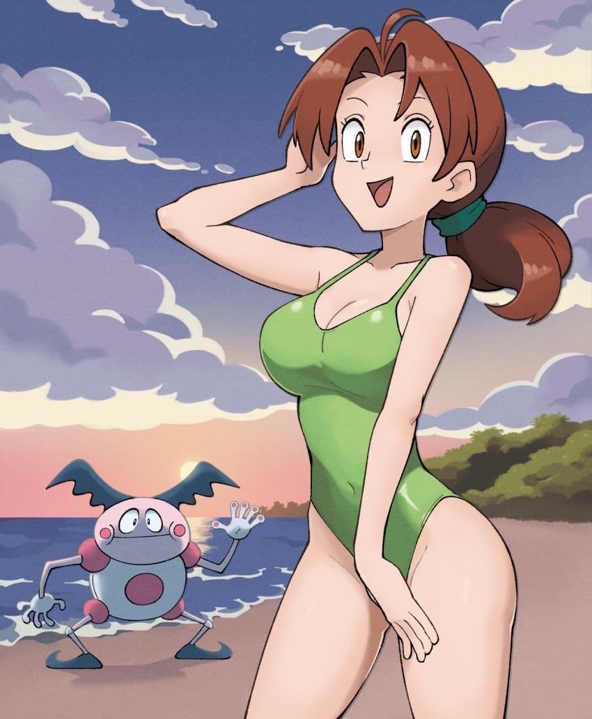 ai_generated bare_arms bare_legs bare_shoulders bare_thighs beach brown_eyes brown_hair cleavage delia_ketchum_(pokemon) green_swimsuit green_swimwear long_hair milf mr._mime one-piece_swimsuit pokemon pokemon_(anime) ponytail seashore seaside sideboob sunset swimsuit swimwear thick_ponytail thick_thighs