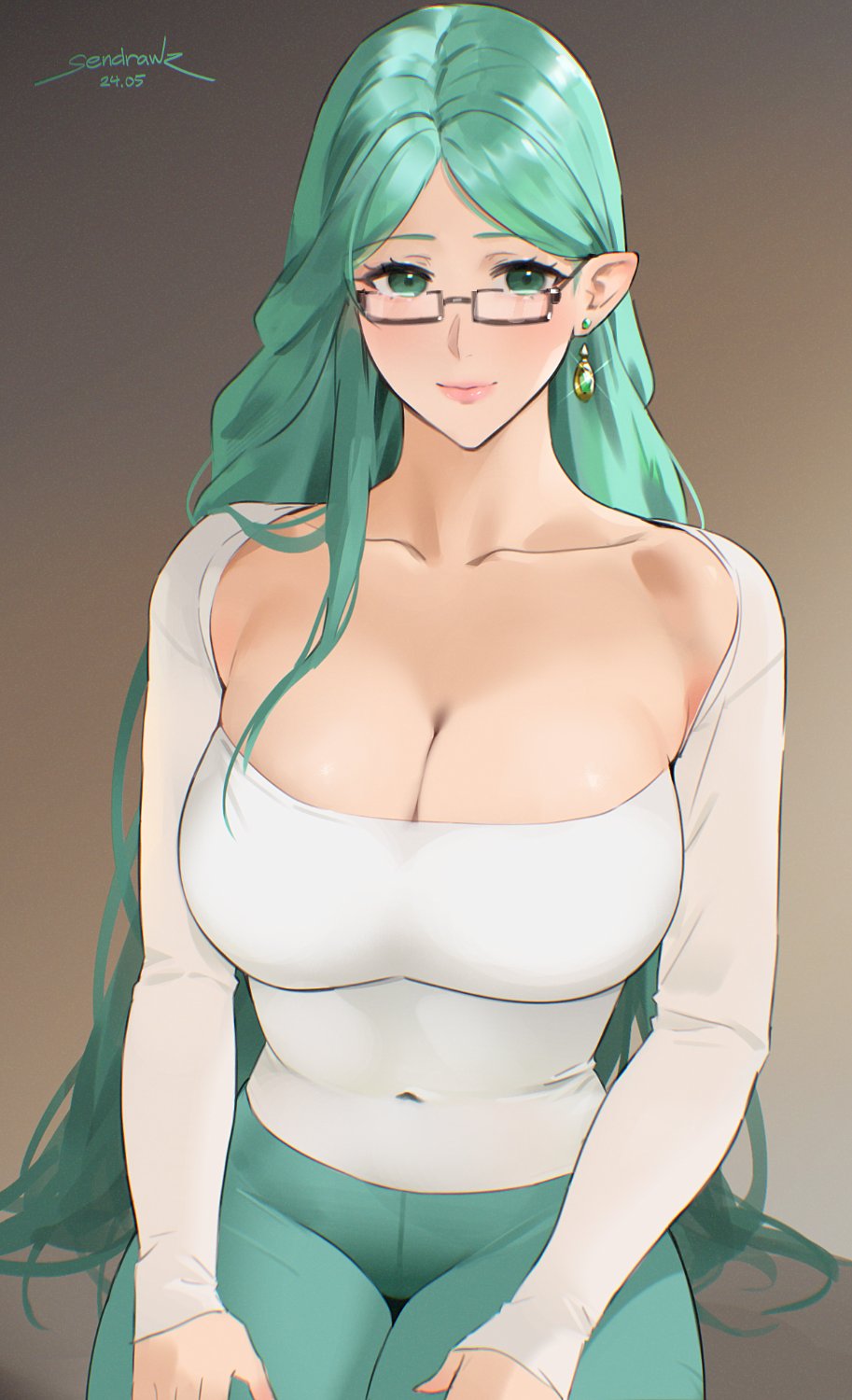 1girls blush breasts cleavage female female_only fire_emblem fire_emblem:_three_houses glasses green_eyes green_hair highres large_breasts long_hair long_sleeves looking_at_viewer nintendo pants parted_bangs pointy_ears rhea_(fire_emblem) sendo_(sendrawz) sendrawz solo very_long_hair yoga_pants