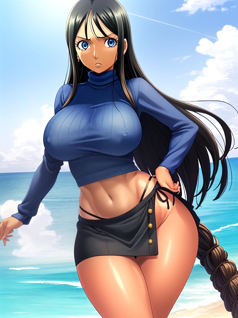 ai_generated angry_face bangs beach_background big_breasts big_hips blue_eyes crop_sweater dark_hair female female_only large_hips long_hair nico_robin one_hand_on_hip one_piece open_skirt sweater tanned tanned_female tanned_skin turtleneck turtleneck_sweater whale_tail whale_tail_(clothing) zarazin